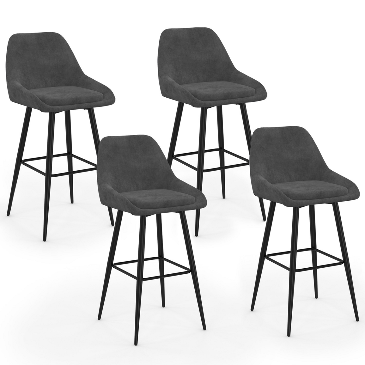ID MARKET Lot de 4 tabourets de bar THALYA en velours gris foncé avec demi-accoudoirs