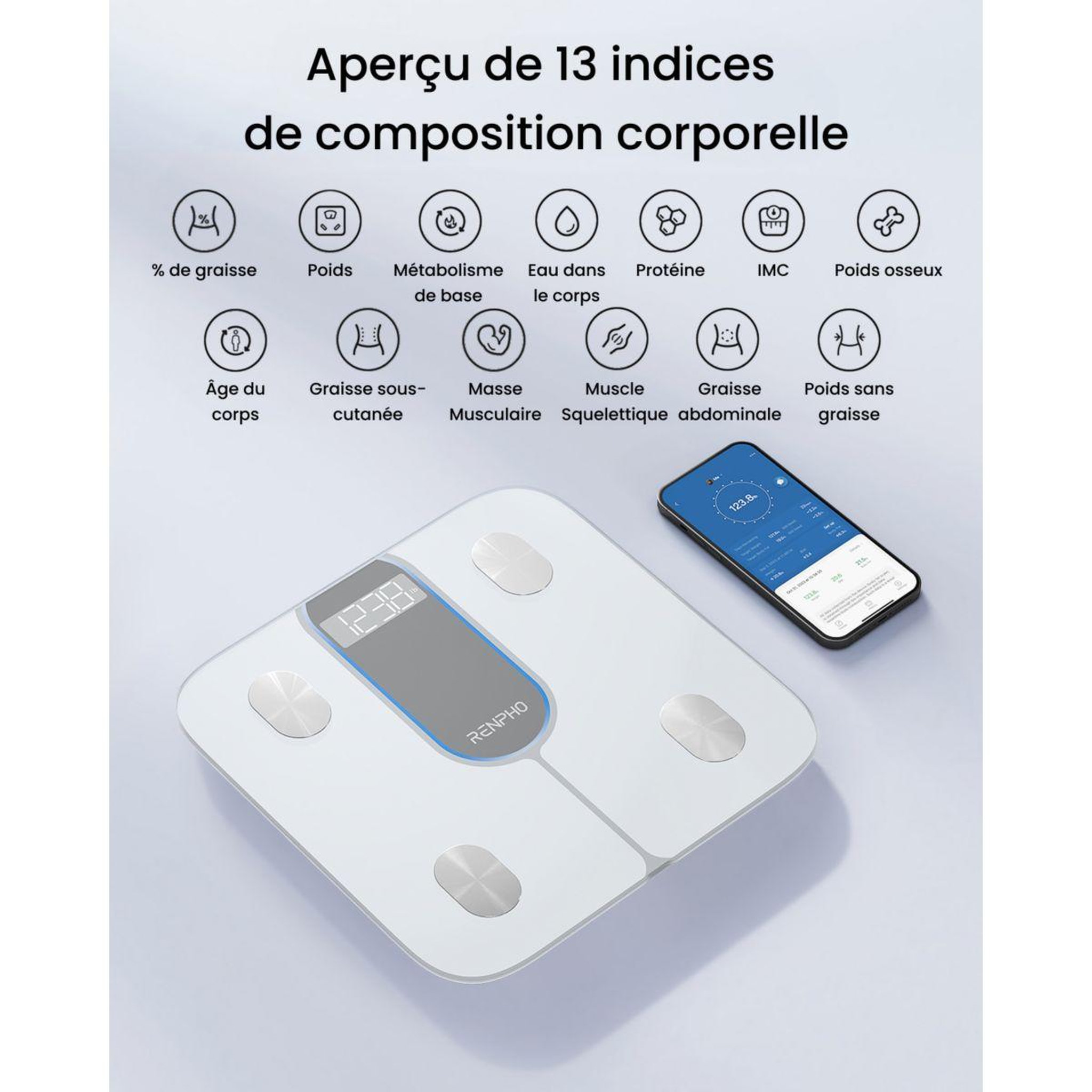 Voir la diapositive 4 : RENPHO Pèse personne connecté elis 1c verre trempé, bluetooth, max. 180 kg, connecté, 13 données corporelles