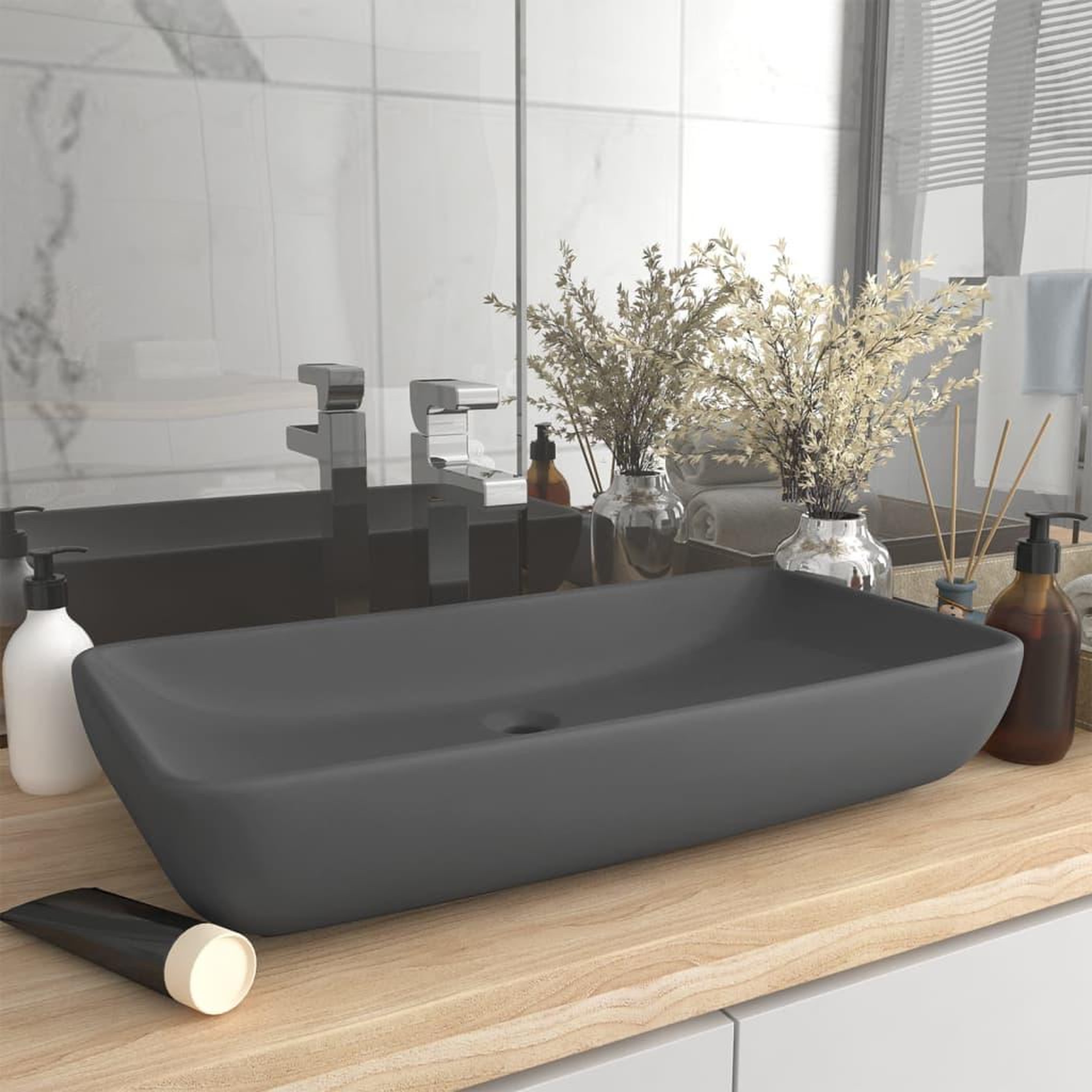Voir la diapositive 1 : VIDAXL Lavabo de luxe rectangulaire Gris fonce mat 71x38 cm Ceramique
