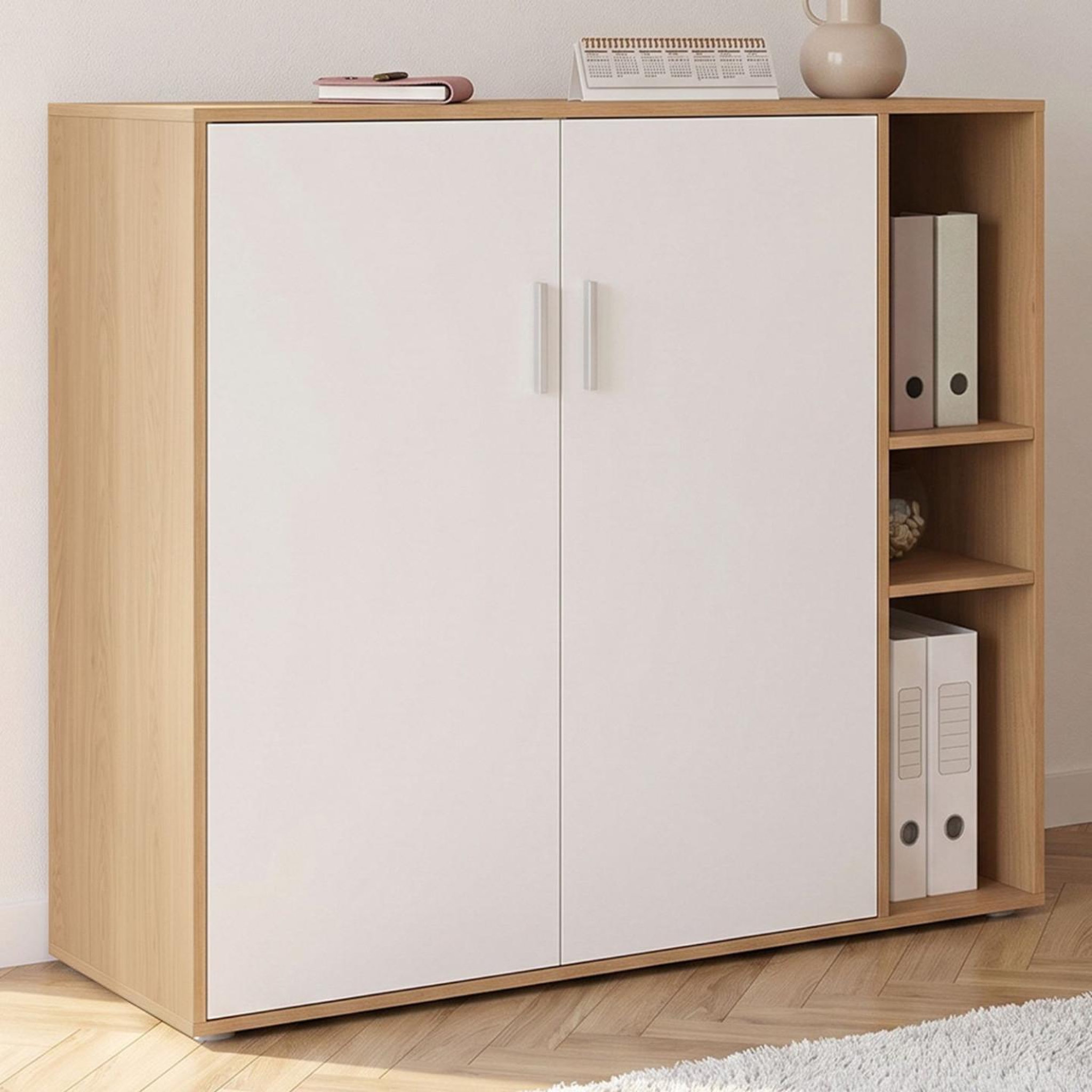 Voir la diapositive 2 : ID MARKET Armoire basse de bureau MARIA 2 portes et étagères bois et blanc