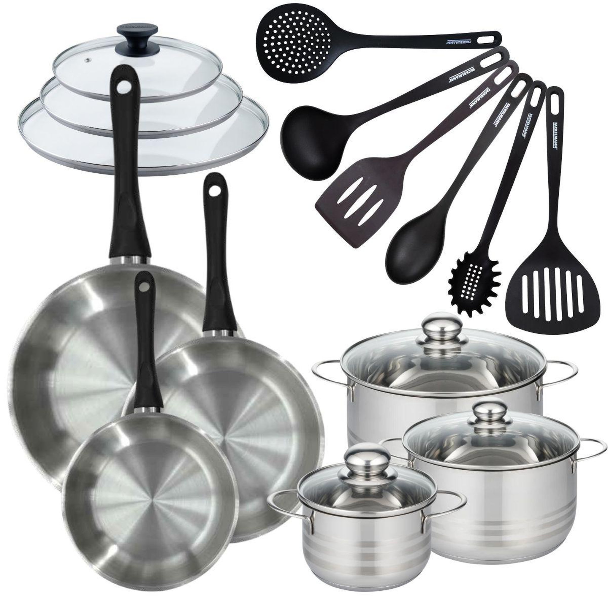 Fackelmann Batterie de cuisine 3 poêles 20/24/28 cm et couvercles, 3 faitouts 16/20/24 cm et 6 ustensiles fackelmann geneva