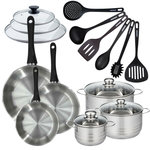 Fackelmann Set de 3 poêles 20 24 28 cm en inox, couvercles verres, 3 faitouts inox 16, 20 et 24 cm et 6 ustensiles RPET Fackelmann Geneva