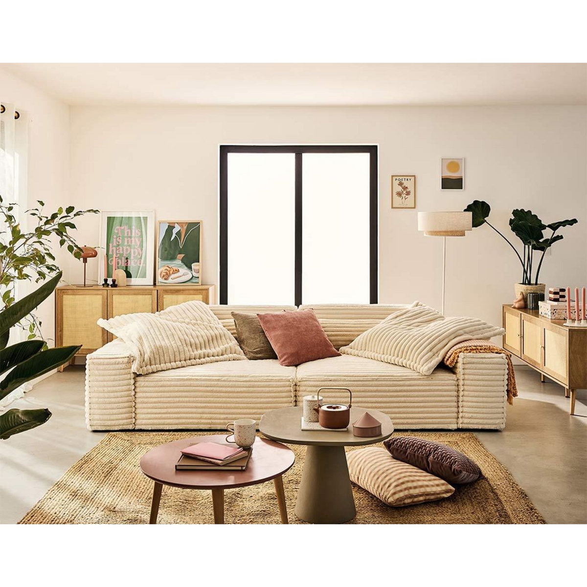 LISA DESIGN Richie - canapé droit 3 places avec double méridienne - assise profonde - en fausse fourrure côtelée