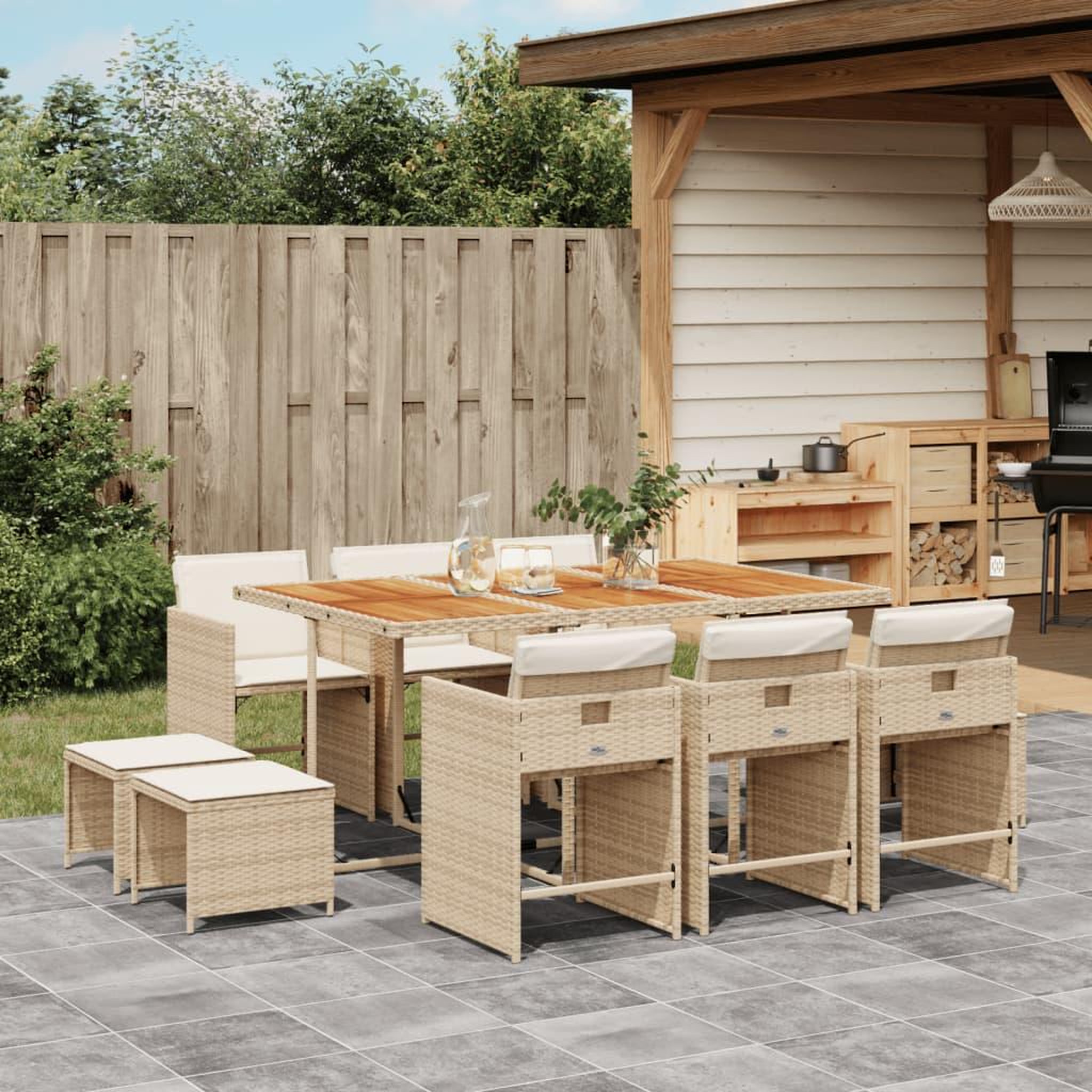 Voir la diapositive 1 : VIDAXL Ensemble a manger de jardin et coussins 11 pcs beige poly rotin