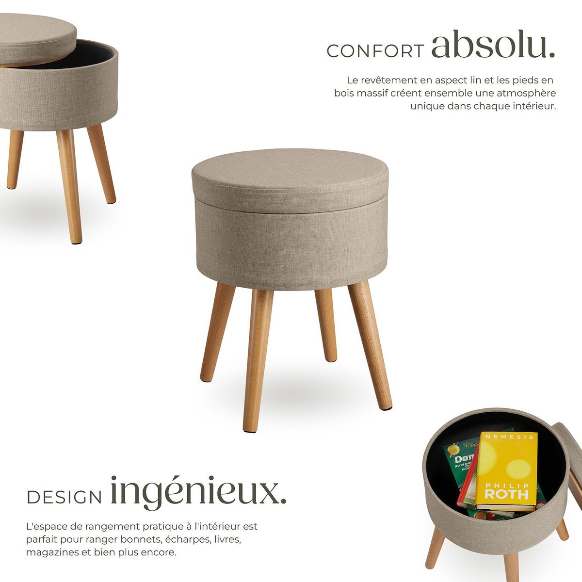 tectake Tabouret avec espace de rangement rond sable