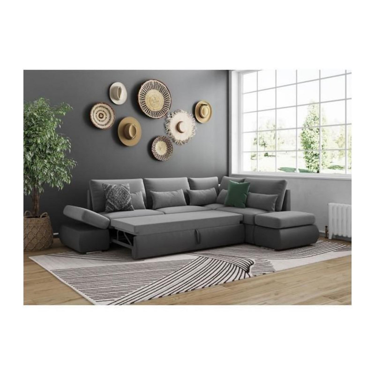 LOUNGITUDE Canapé d'angle réversible convertible SEVARA 4 places - PU et tissu Gris - Coffre de rangement - L267 x P200 x H90 cm