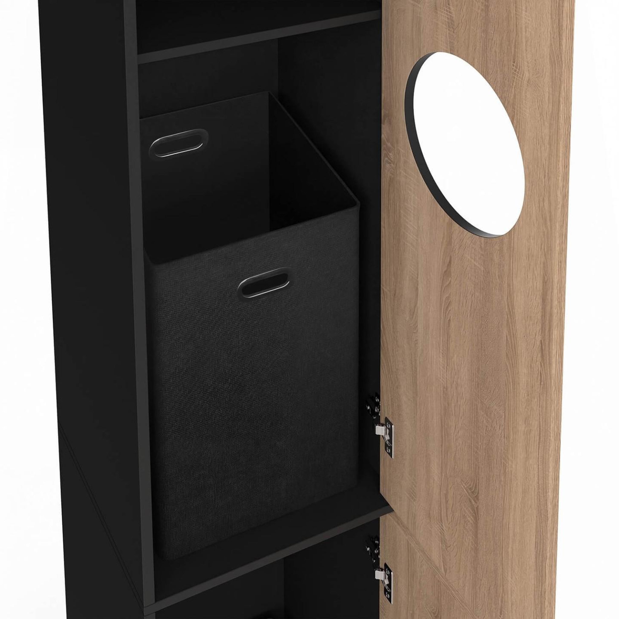 Voir la diapositive 6 : ID MARKET Armoire à linge buanderie, colonne de salle de bain wallis noir et bois façon hêtre