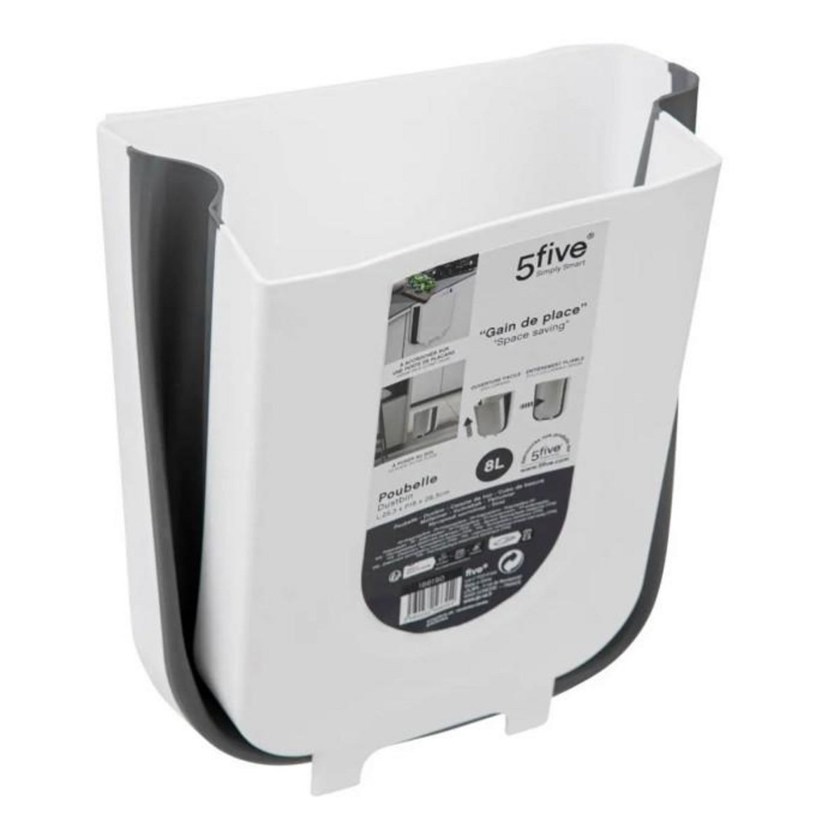 FIVE Poubelle de Cuisine  Rétractable  8L Blanc & Gris