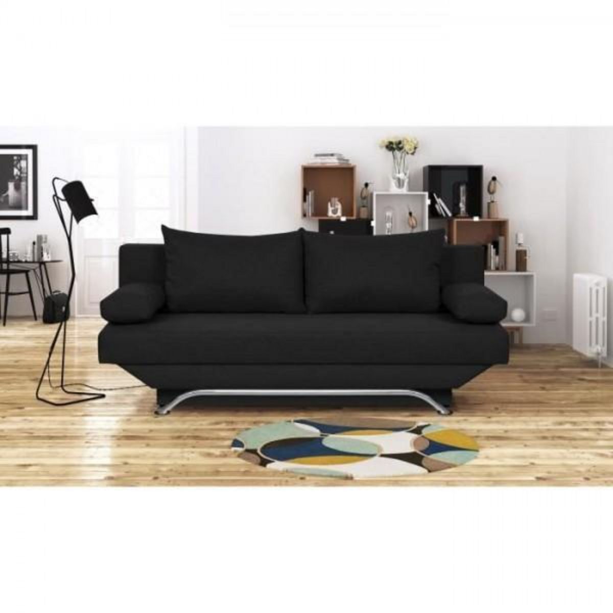 MARKET24 Banquette convertible 3 places avec coffre de rangement - Tissu Noir - L187 x P 91 x H 82 cm - TEIJO