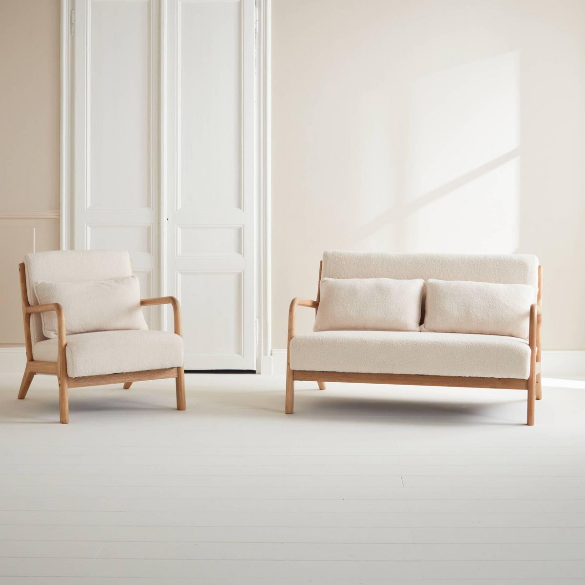 SWEEEK Banquette 2 places + Fauteuil en bois et tissu bouclette