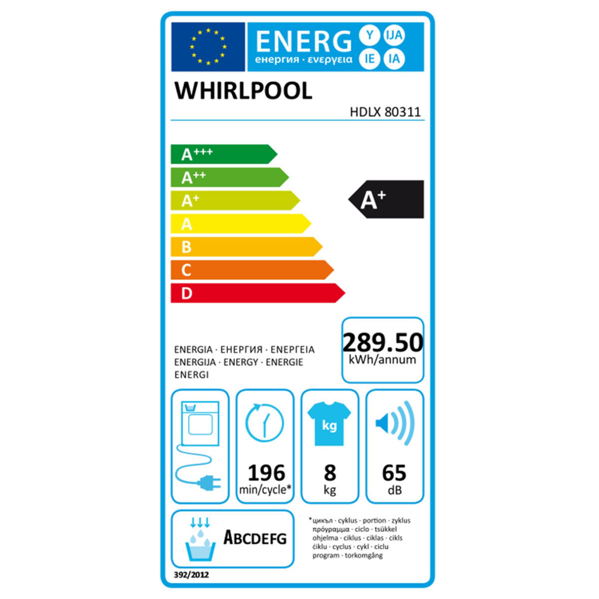 WHIRLPOOL Sèche-linge porte pleine HDLX80311, 8 Kg, Condensation, Pompe à chaleur
