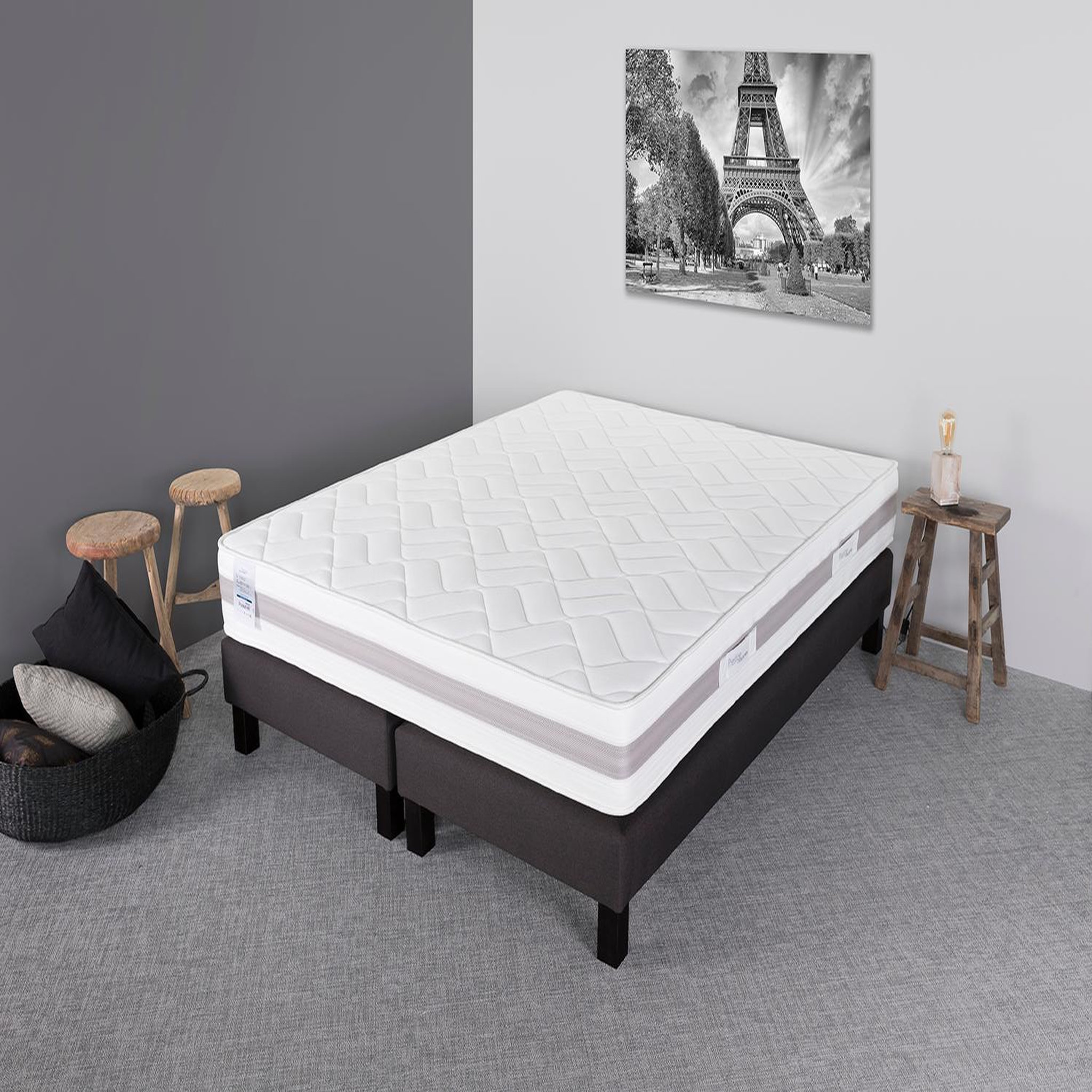 Voir la diapositive 1 : PRESTIGE Collection Ensemble matelas ressorts MORPHEE  + sommier déco gris 180x200 cm 
