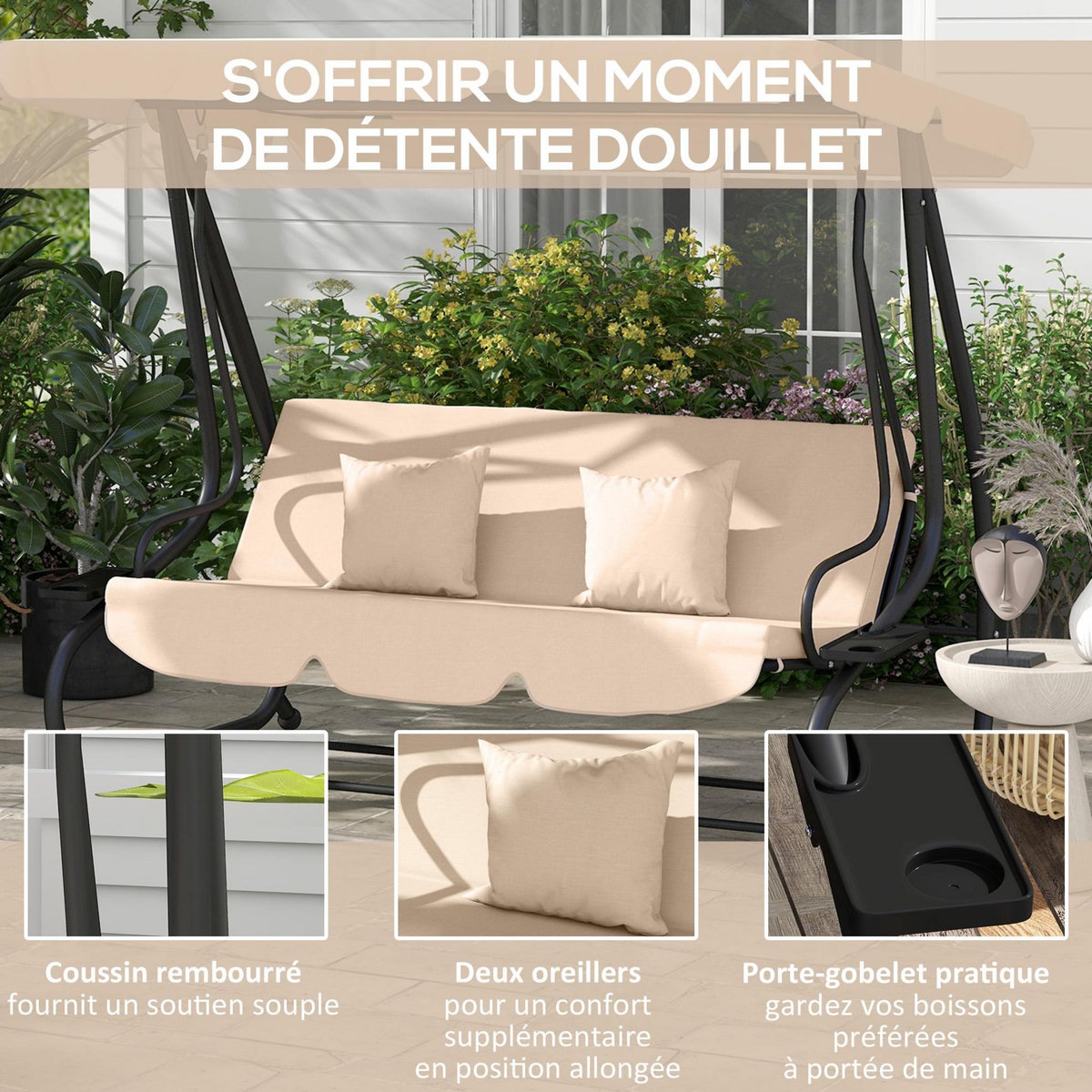 OUTSUNNY Balancelle de jardin convertible 3 places inclinaison toit réglable 2 tablettes + matelas 2L x 1,2l x 1,64H m métal époxy noir polyester sable
