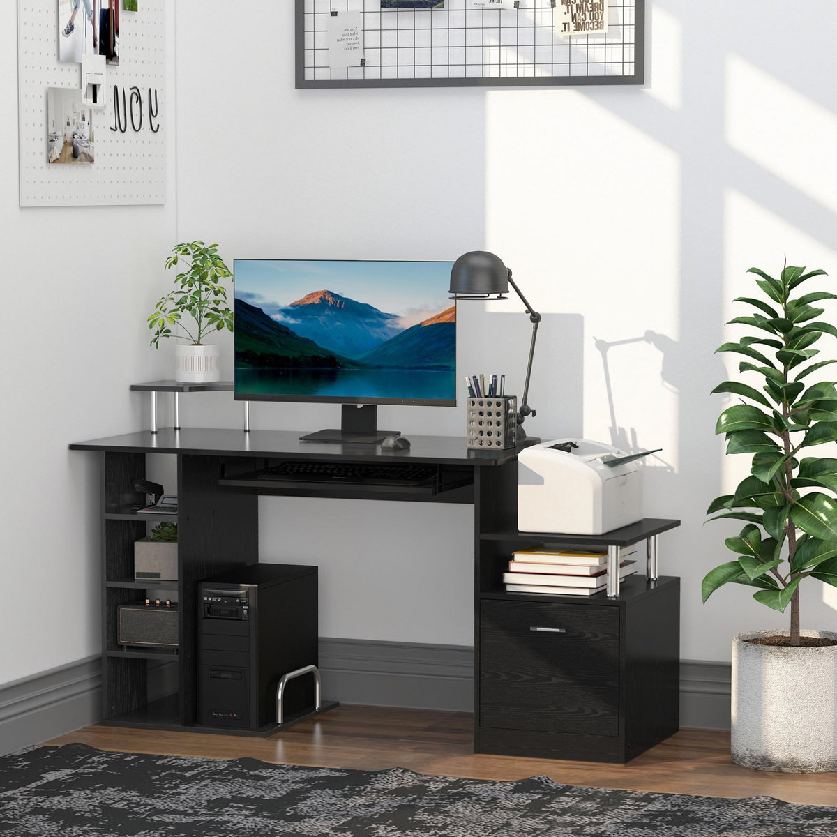 HOMCOM Bureau pour ordinateur table meuble pc informatique en MDF noir