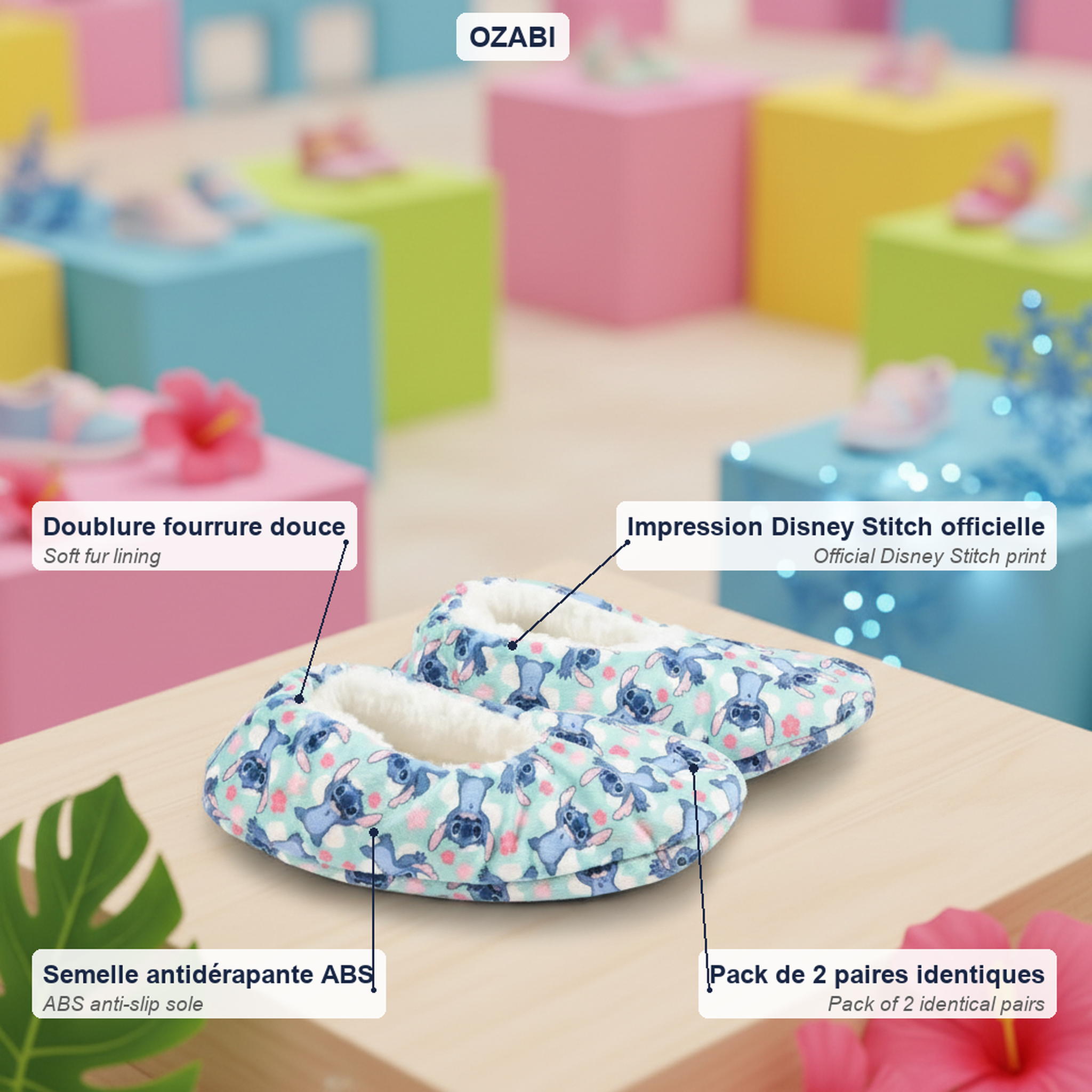 Voir la diapositive 4 : DISNEY Ozabi pack 2 paires chaussons fille disney fourrés antidérapants