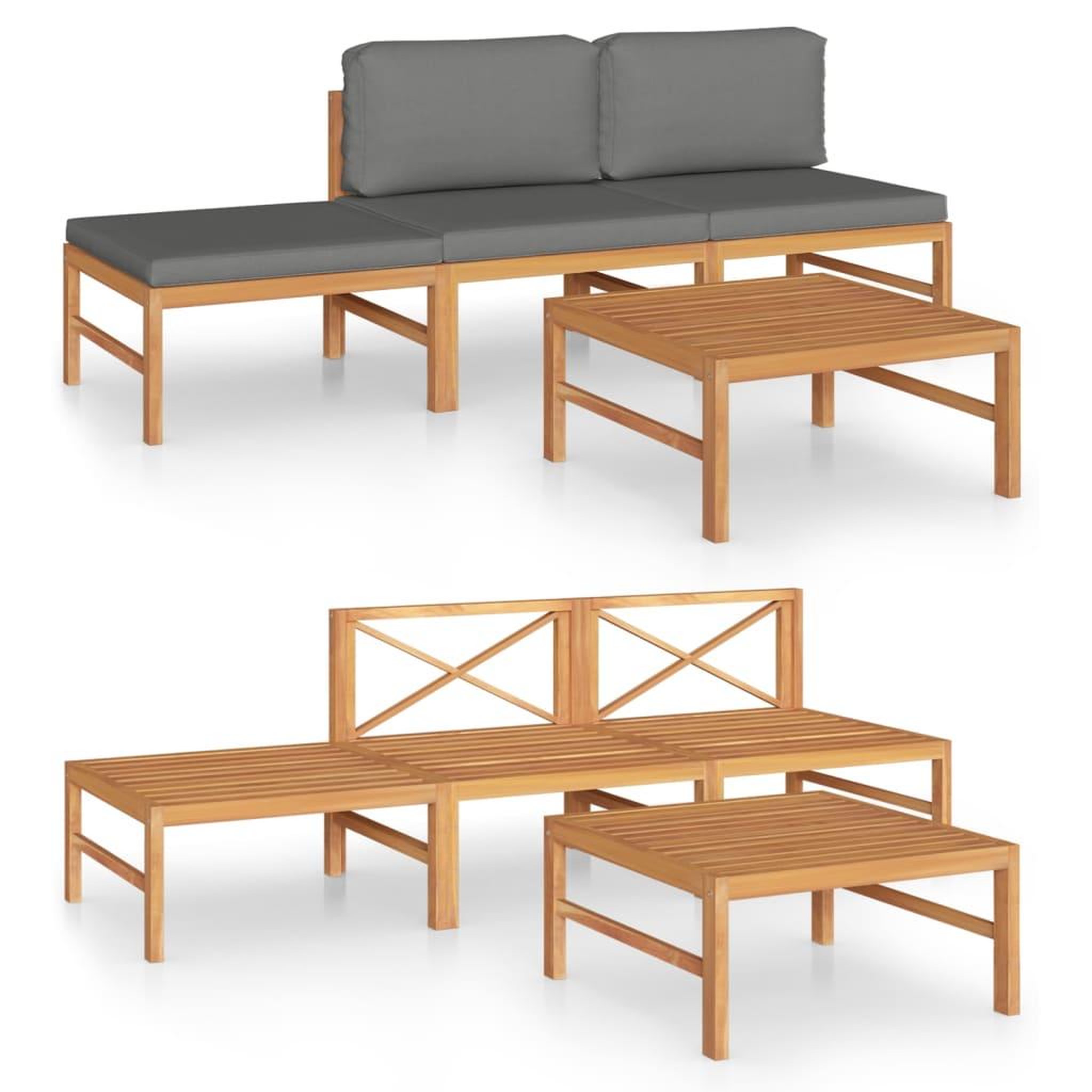Voir la diapositive 2 : VIDAXL Salon de jardin 4 pcs avec coussins gris Bois de teck solide