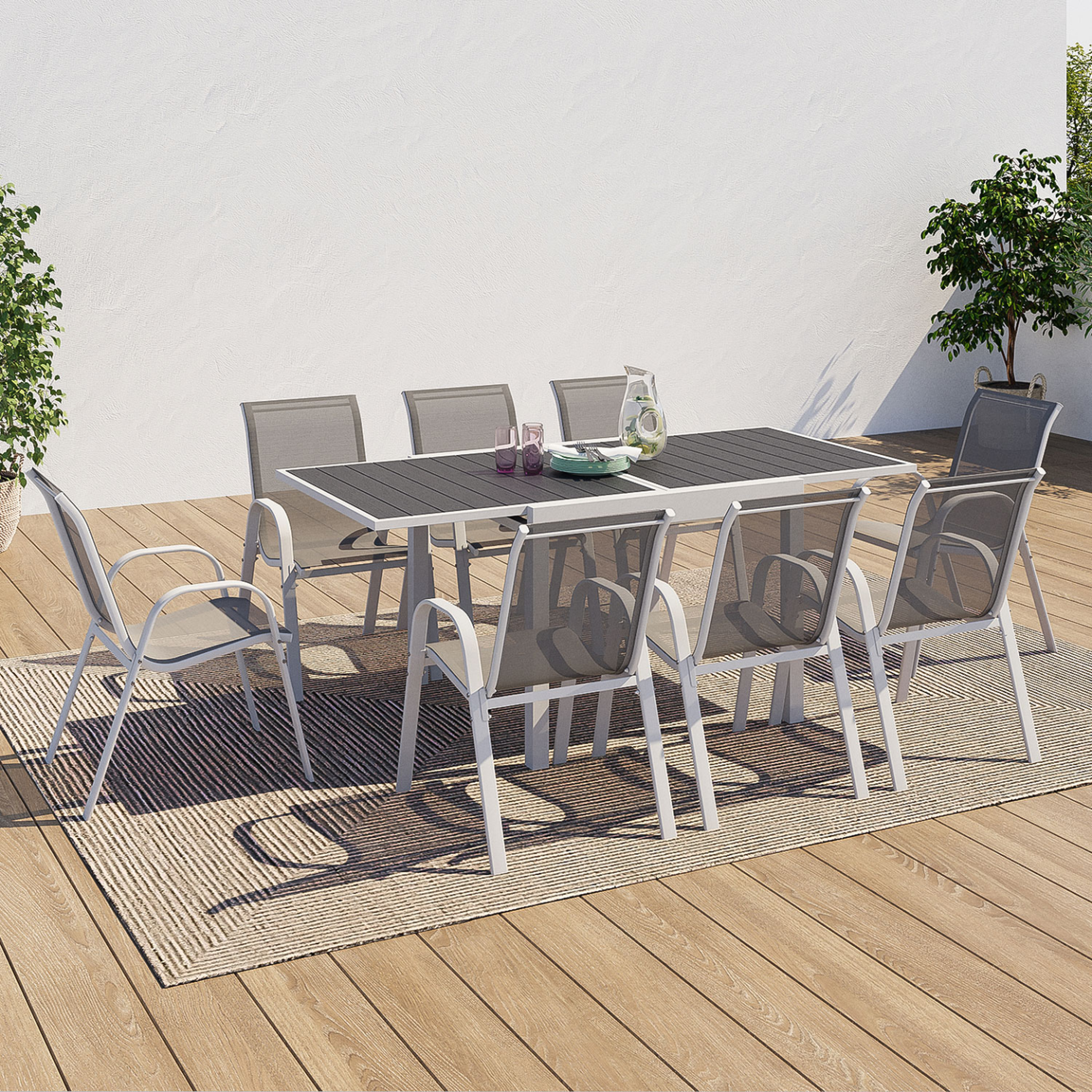 Voir la diapositive 2 : ID MARKET Salon de jardin poly table extensible 90-180 cm et 8 chaises blanc et gris