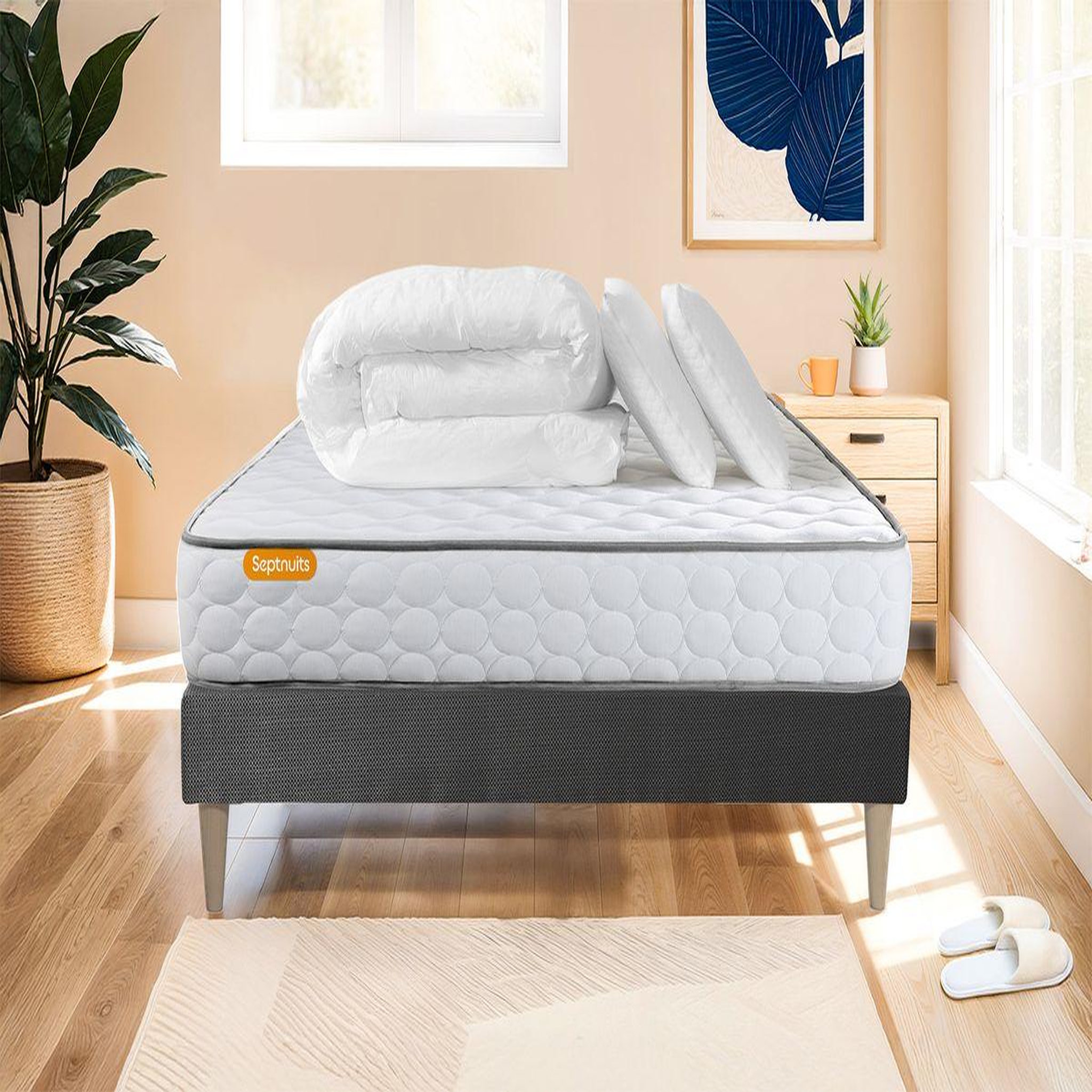 Voir la diapositive 1 : SEPTNUITS Pack matelas Memo + sommier gris + 2 oreillers mémoire de forme