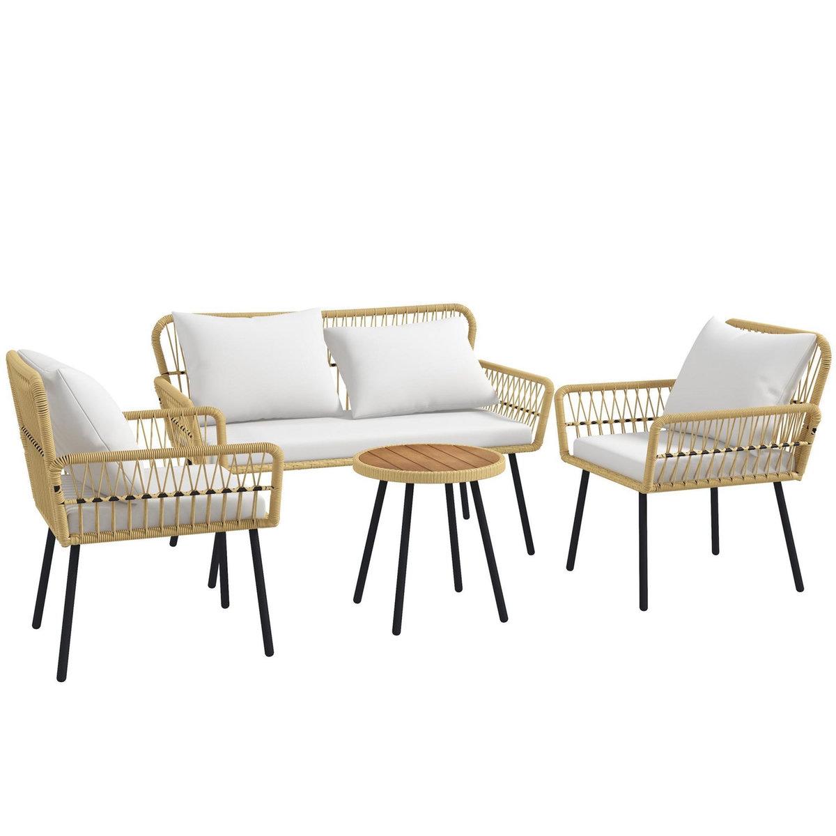 OUTSUNNY Ensemble salon de jardin 4 pièces canapé 2 places 2 fauteuils table basse coussins