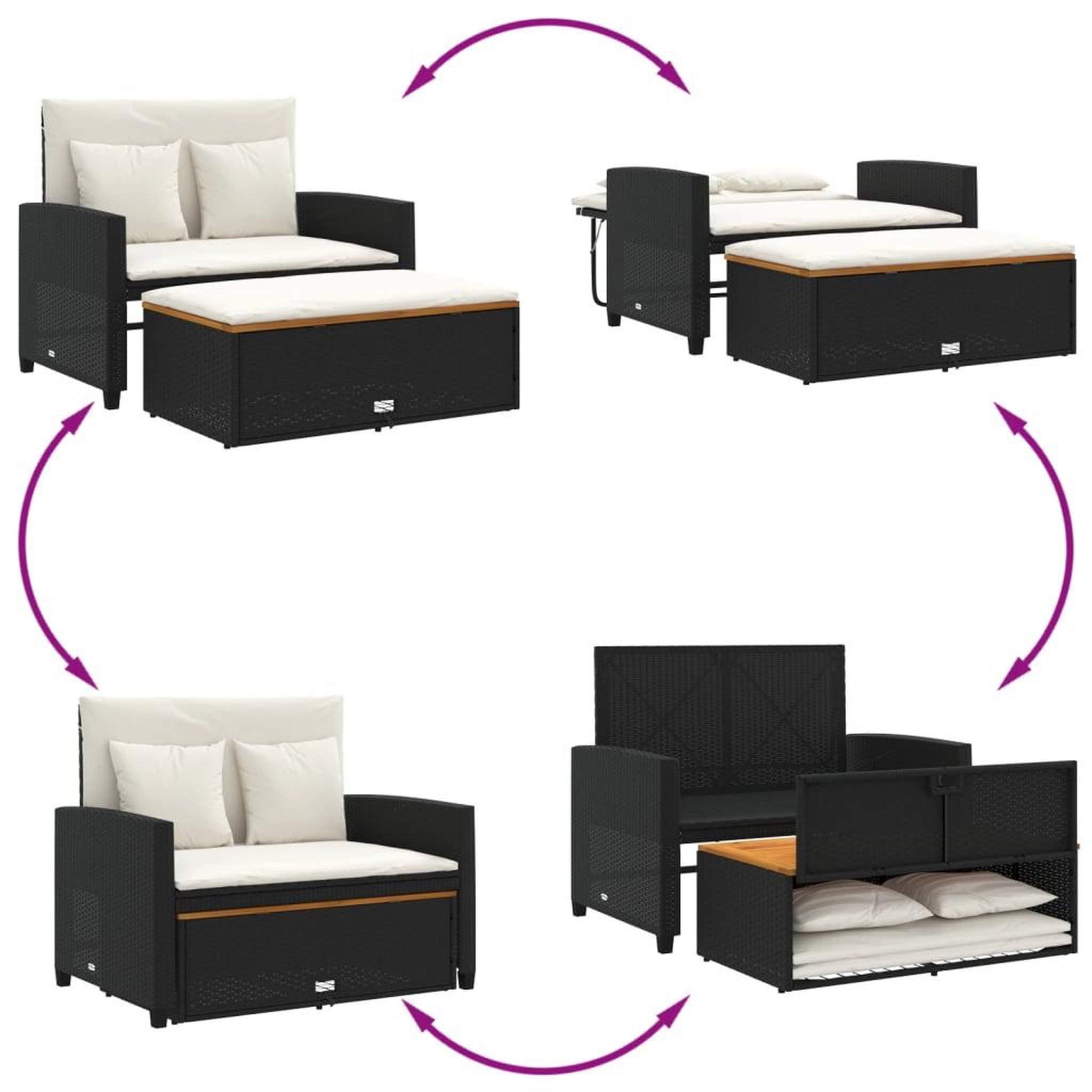 Voir la diapositive 5 : VIDAXL Canape de jardin 2 places coussins noir resine tressee&acacia