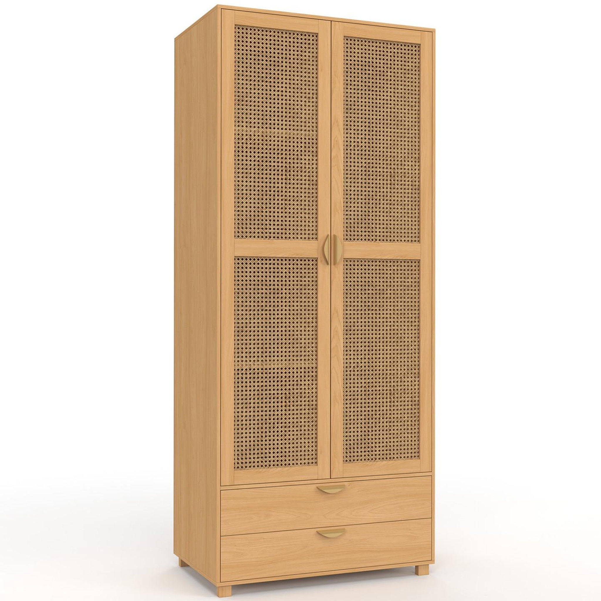 ID MARKET Armoire 2 portes edhen bois et cannage penderie 80 cm avec 2 tiroirs et étagères
