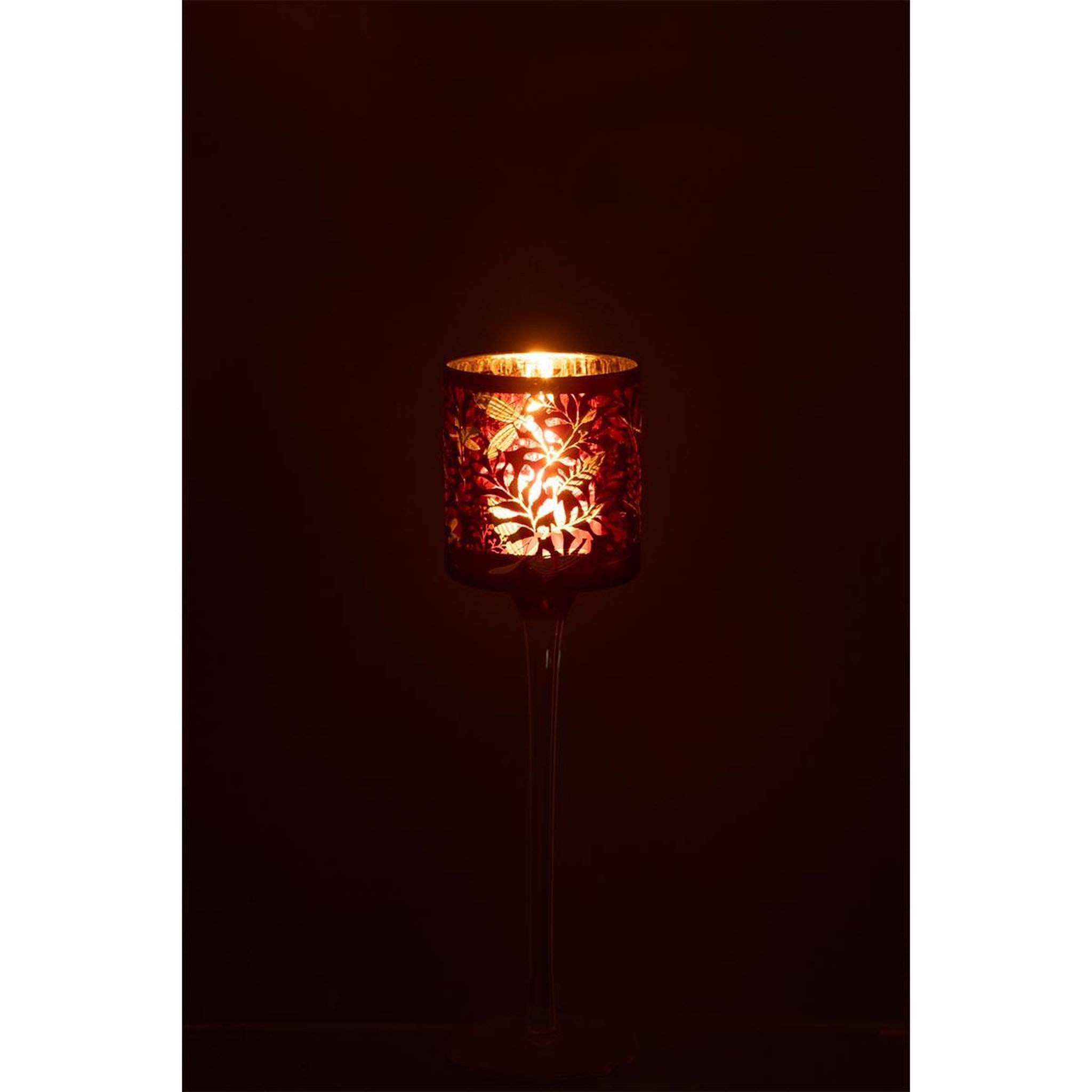 Voir la diapositive 3 : J-LINE Photophore sur Pied en Verre  Feuilles  25cm Rouge