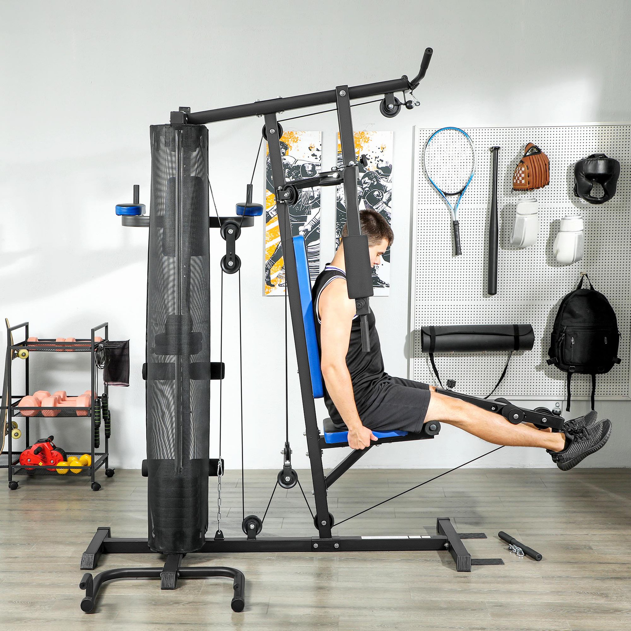 Voir la diapositive 4 : HOMCOM Station de musculation multi-équipement - collaboration aosom.fr x ffhandball - 10 contrepoids - bleu