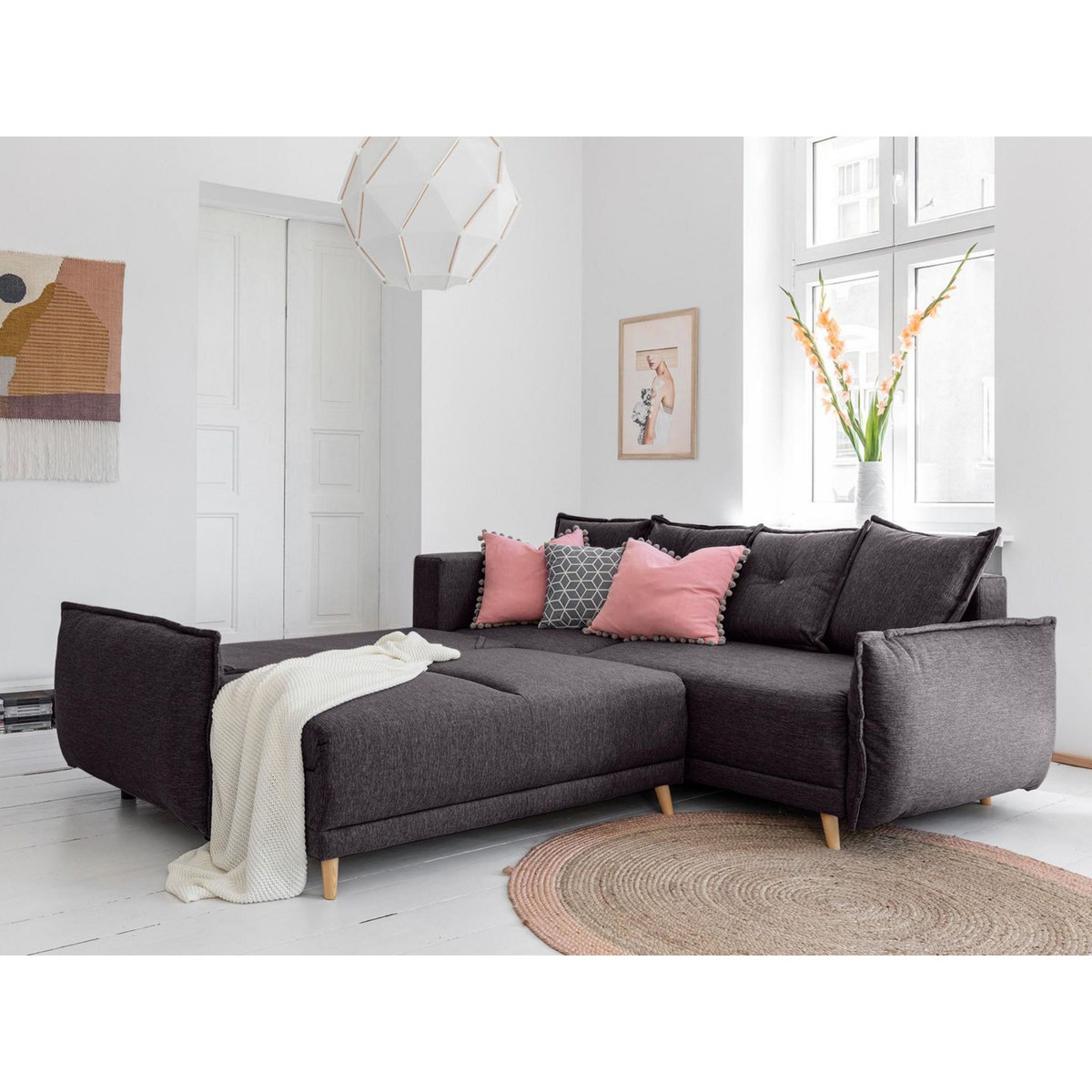 BEST MOBILIER Lena - canapé d'angle convertible - avec coffre - style scandinave - 5 places - droit