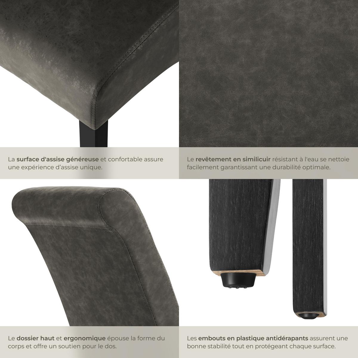 tectake Chaise de salle à manger avec revêtement en cuir synthétique gris marbré Lot de 4