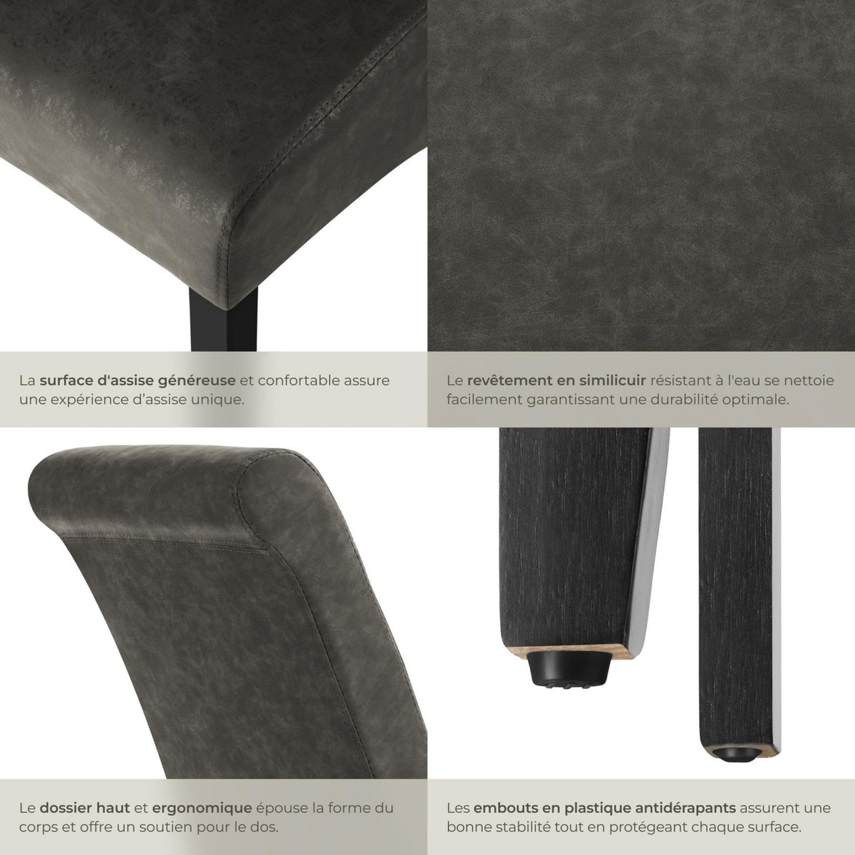 tectake Chaise de salle à manger avec revêtement en cuir synthétique gris marbré Lot de 4