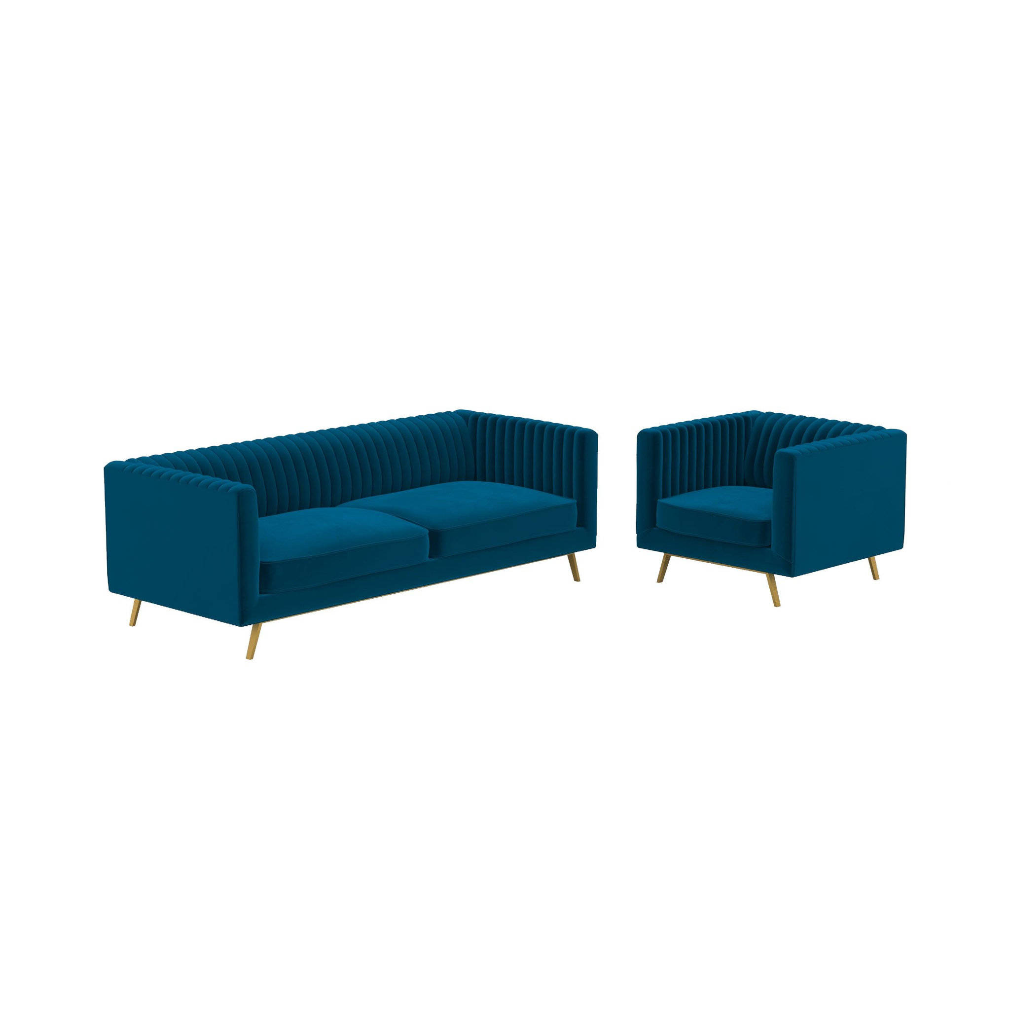 MAISON PAVANE Ensemble canapé et fauteuil en velours bleu 3 places-gatsby