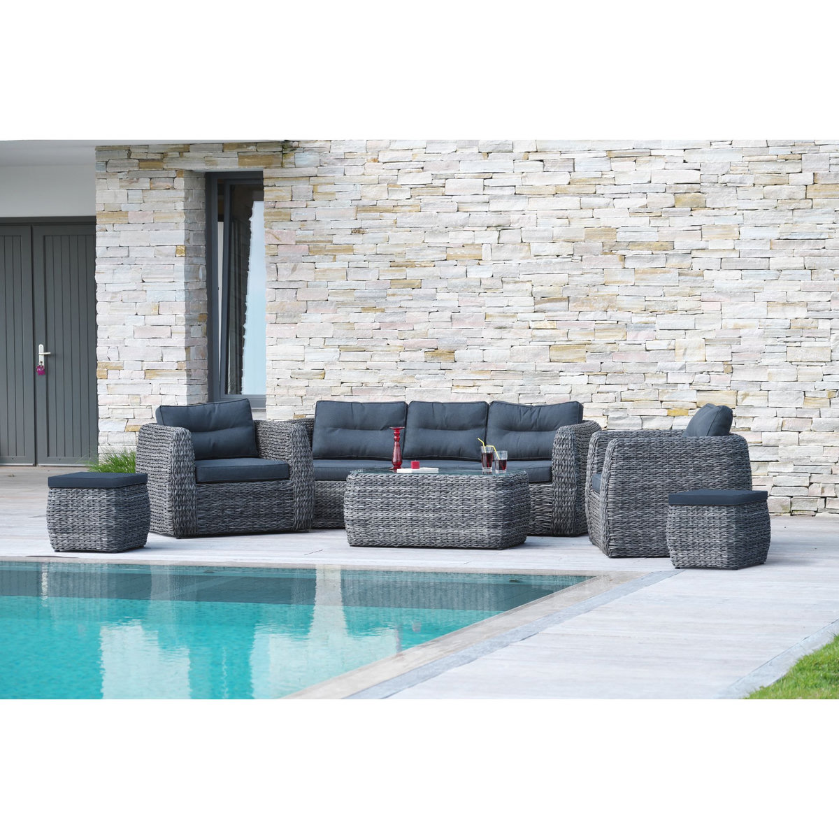 PARIS GARDEN Salon bas de jardin - 7 places - Résine tressée - Gris - BAHAMAS