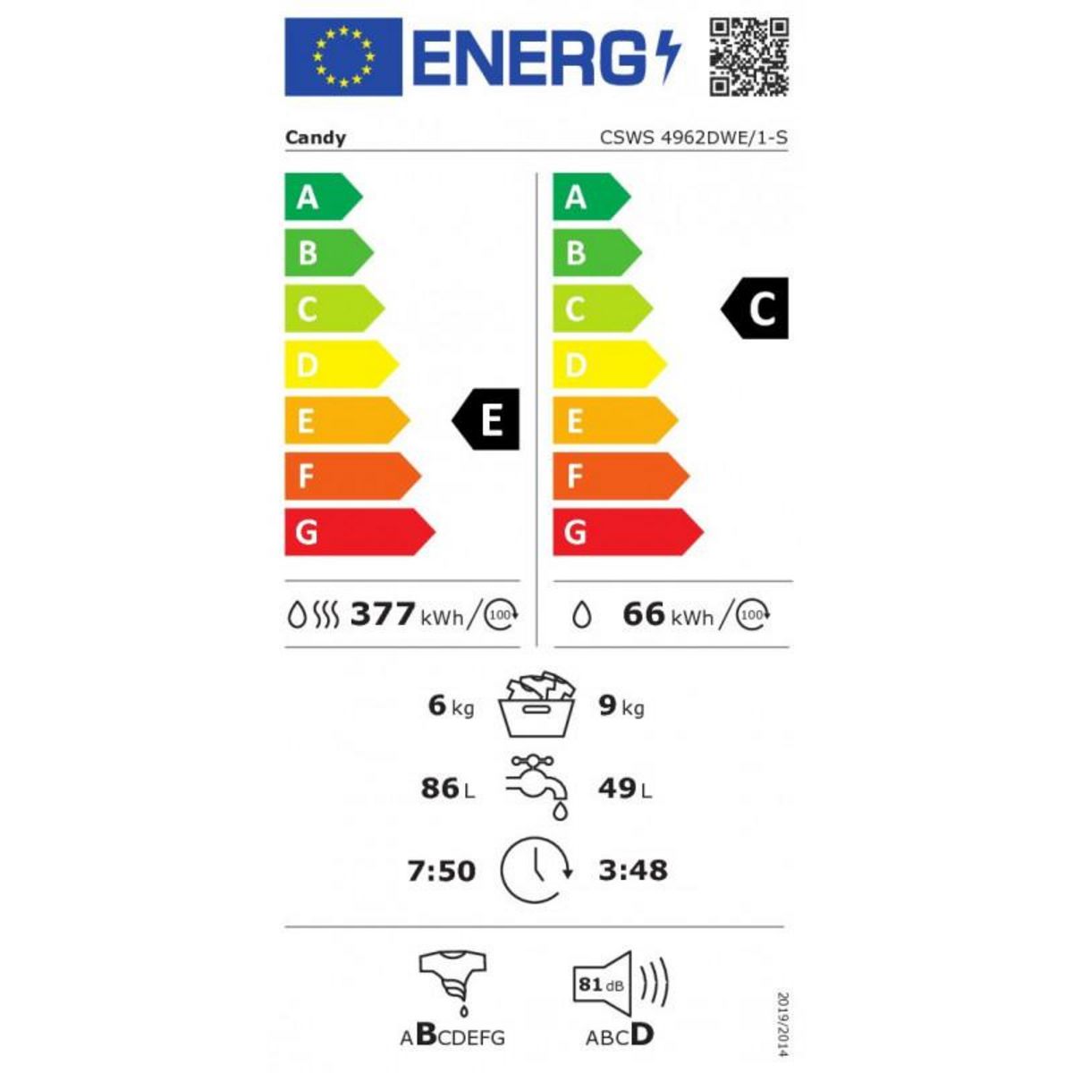 Candy Lave-linge séchant 9/6kg 1400 tours/min - csws4962dwe1s