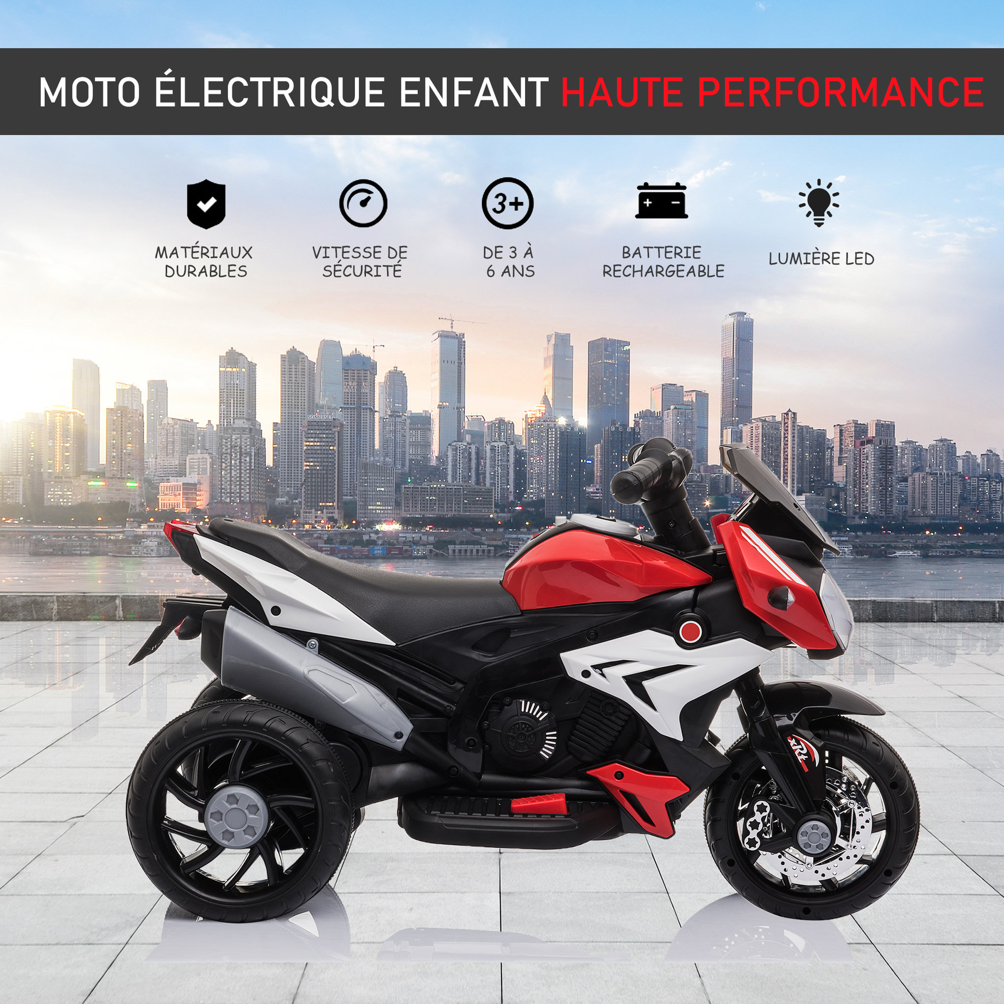 Voir la diapositive 4 : HOMCOM Moto électrique pour enfants 3 roues 6 V 3 Km/h effets lumineux et sonores rouge