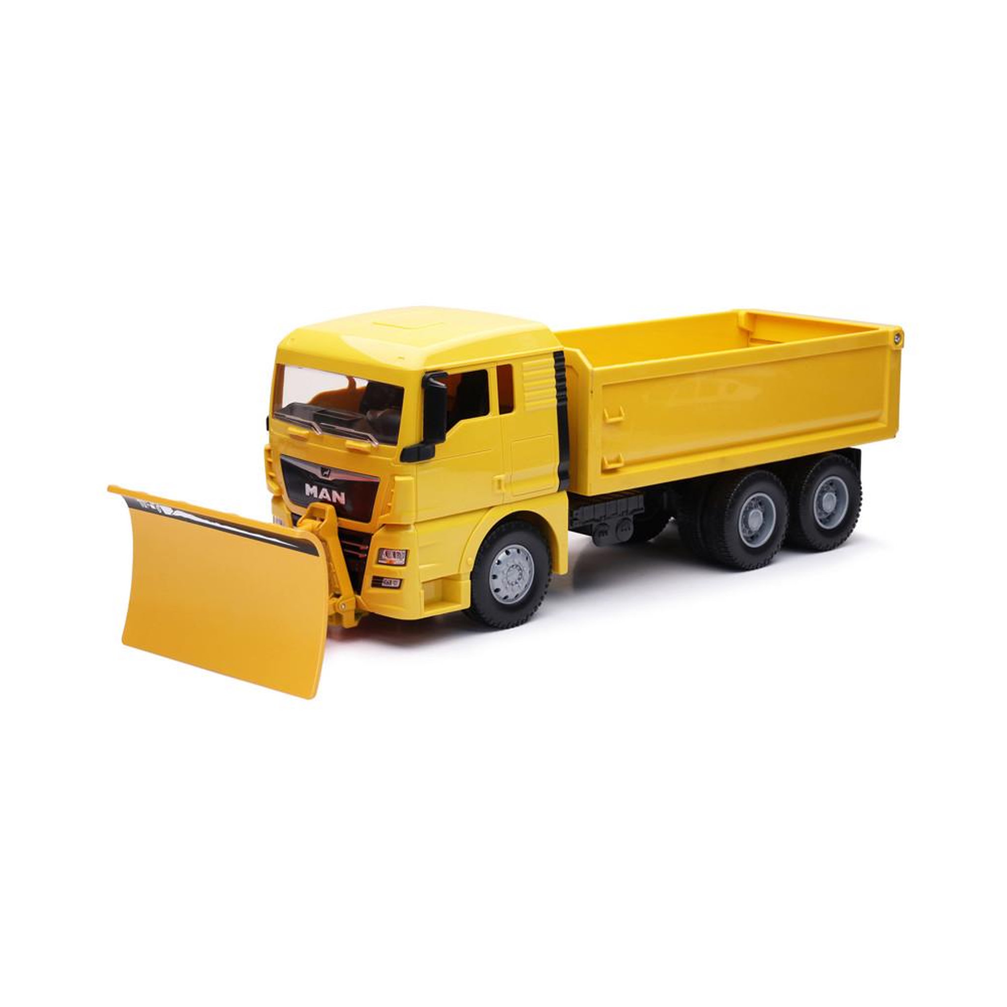 Voir la diapositive 2 : New Ray Camion benne MAN TGX 6x4 avec lame à neige échelle 1:18, modèle en métal moulé couleur jaune et détails noirs