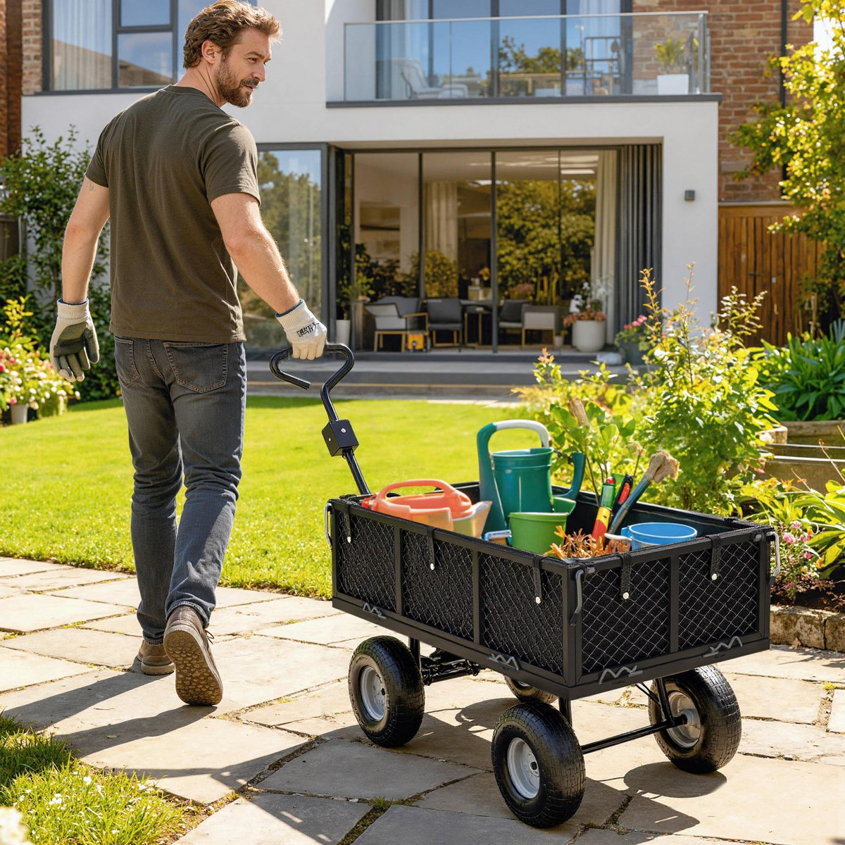 OUTSUNNY Chariot de jardin en acier - chariot de transport - côtés amovibles, poignée rotative - max. 300 Kg - noir