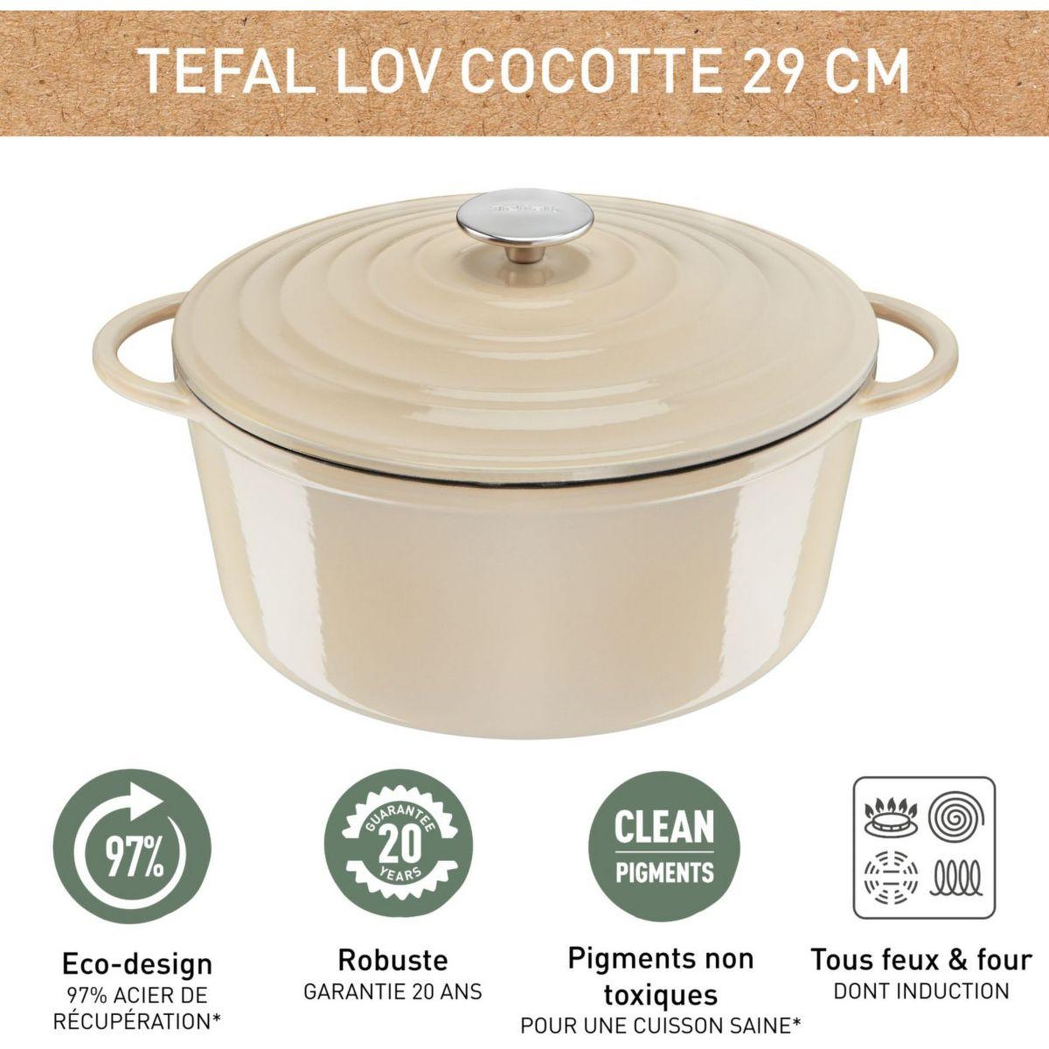 Voir la diapositive 3 : TEFAL Cocotte fonte lov faitout 29cm beige
