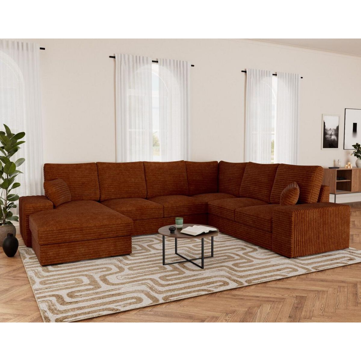 BEST MOBILIER Lorie - canapé panoramique d'angle droit 7 places convertible en velours côtelé grosse côte avec coffre