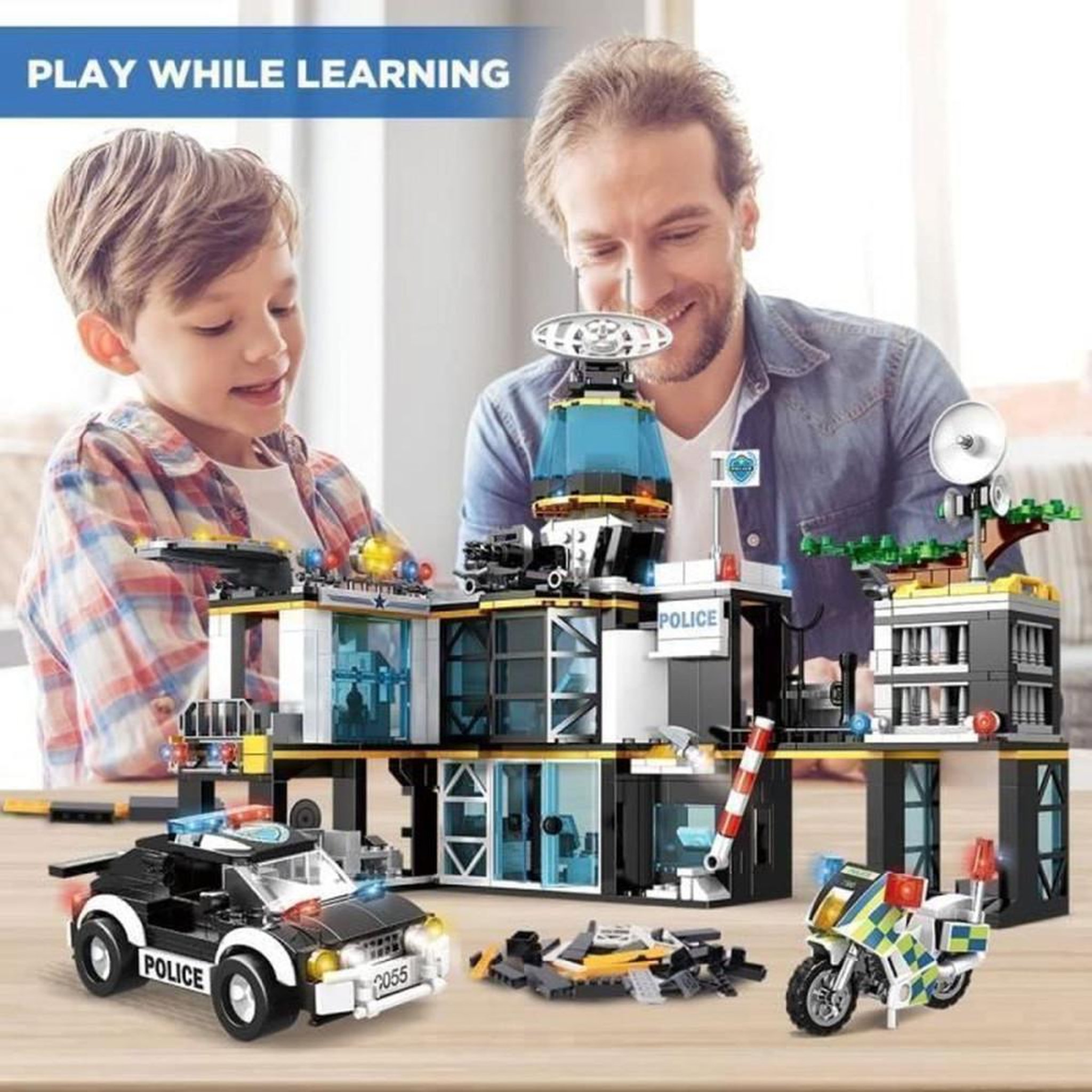 Voir la diapositive 3 : Coffret de construction Police Station 1261 pièces, station à deux étages, héliport, hélicoptère, voiture tout-terrain, moto, chien policier