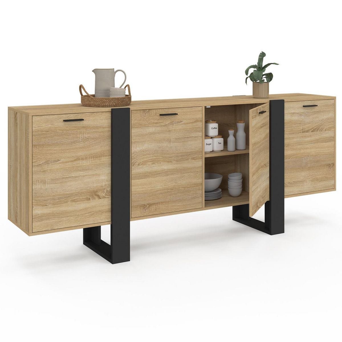 ID MARKET Buffet enfilade 200 cm PHOENIX XXL 4 portes bois et noir