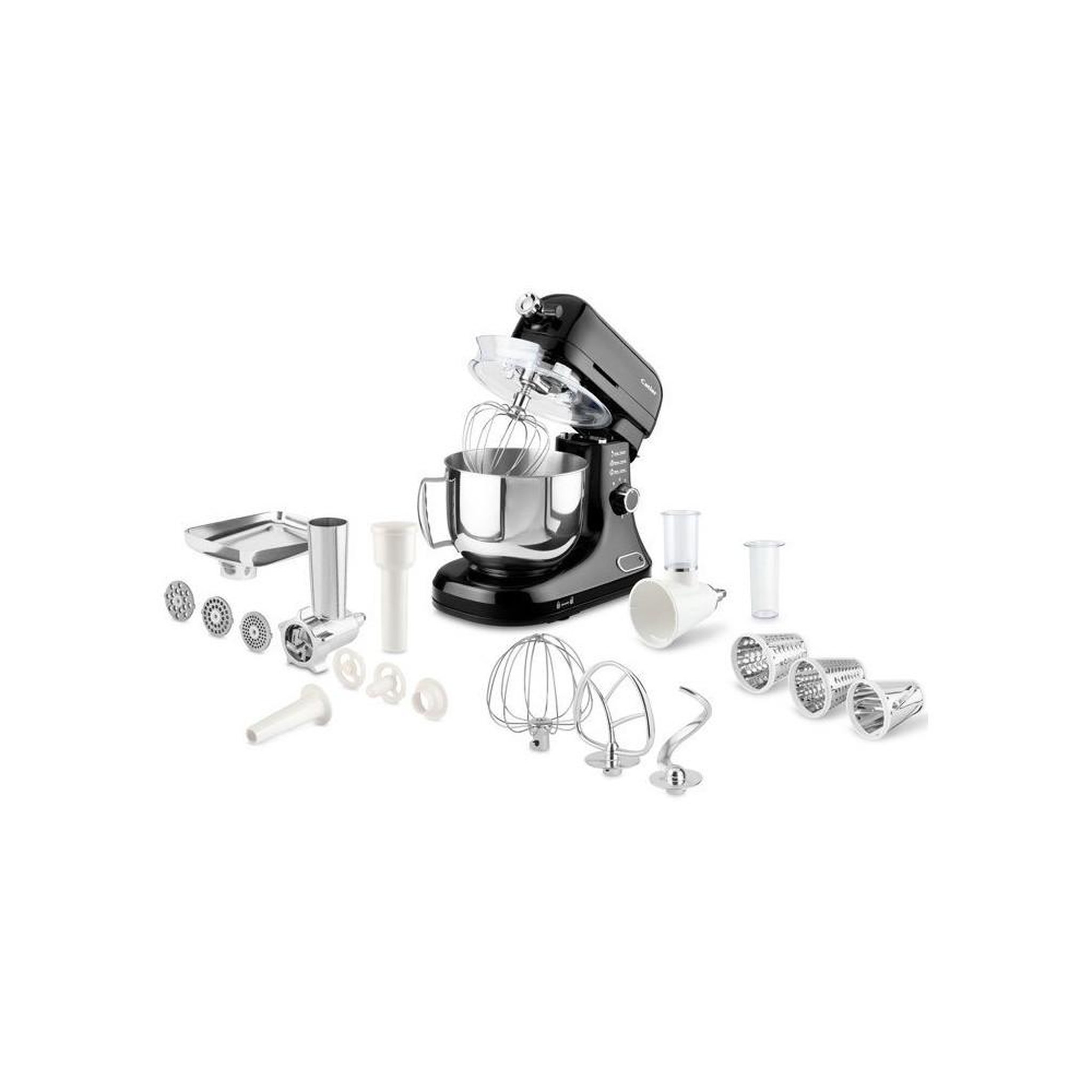 Robot multi-fonction avec hachoir KM 8013, bol inox 5 L, noir et argent, 6 vitesses + Pulse, balance et écran intégrés
