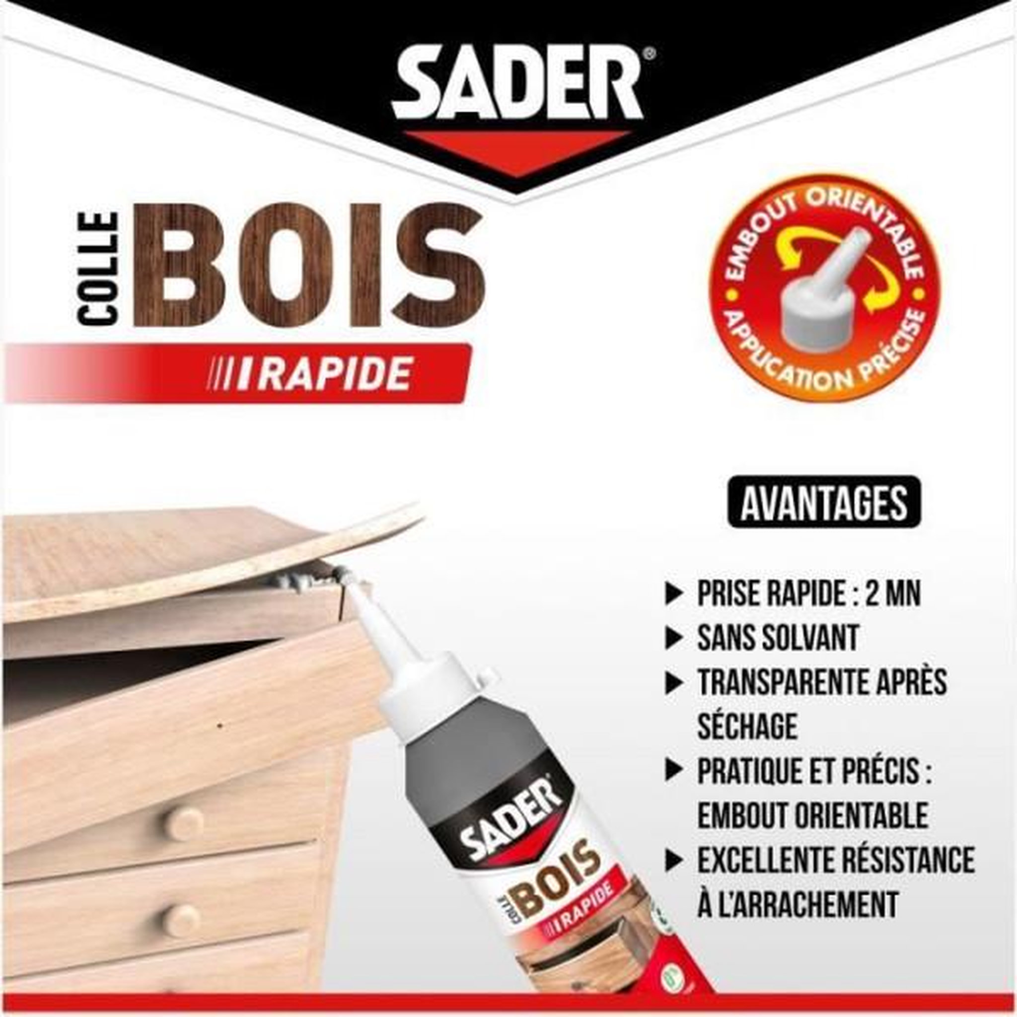 Voir la diapositive 4 : Sader Colle bois - SADER - Prise rapide 2 min - Tous bois - Intérieur - Transparente apres séchage - Biberon 100 g