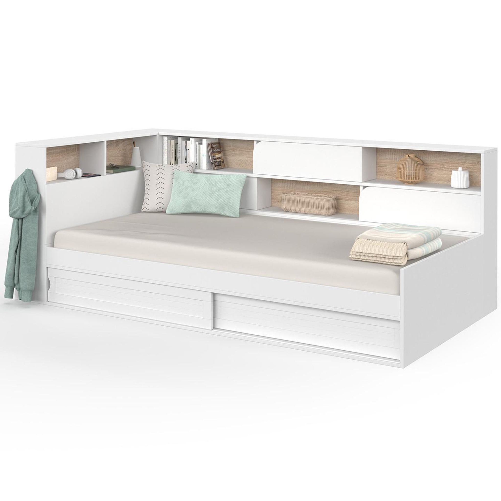 ID MARKET Lit simple timothee avec rangements, tête de lit avec niches et sommier 90 x 190 cm blanc et hêtre
