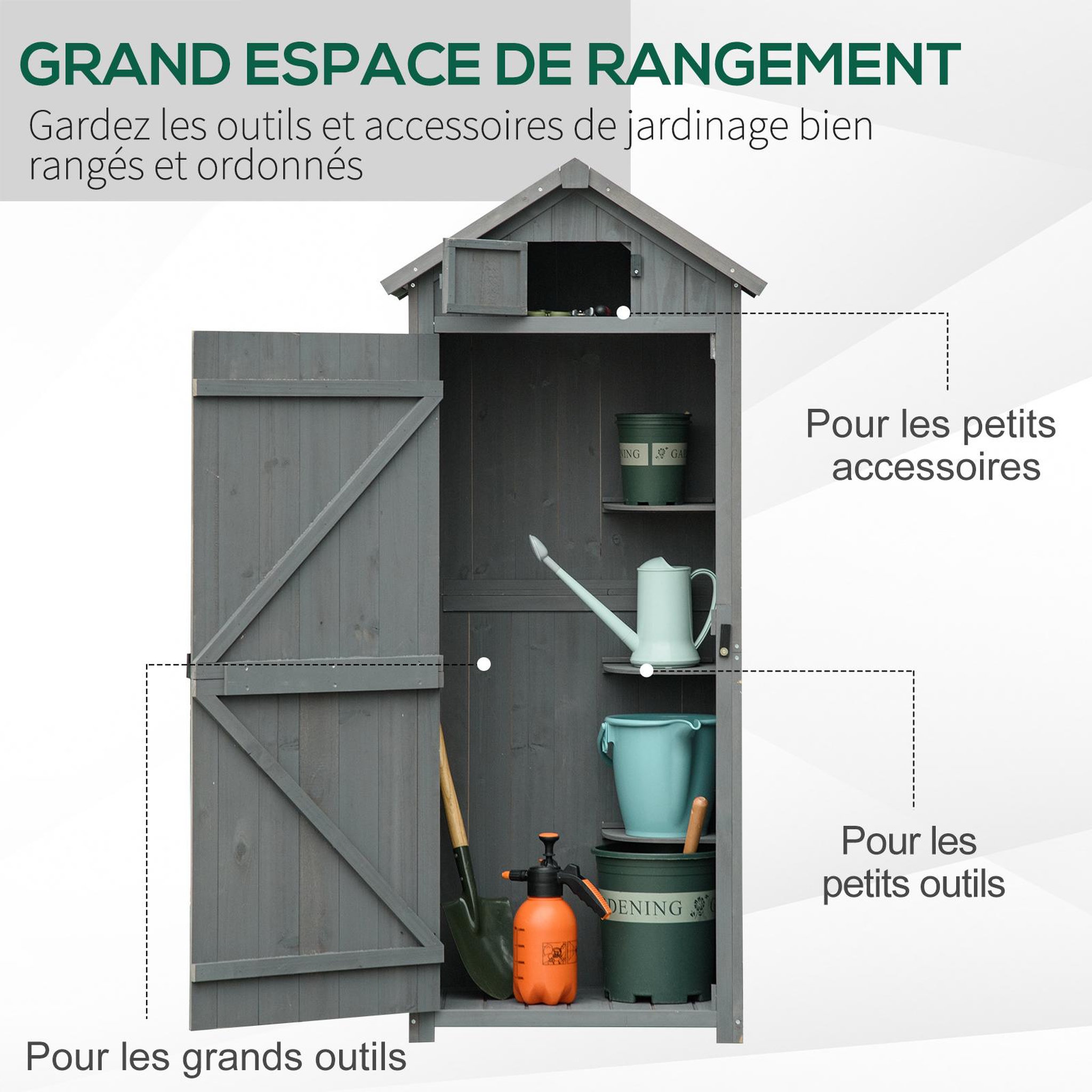 Voir la diapositive 4 : OUTSUNNY Armoire abri de jardin remise pour outils 3 étagères 2 portes loquets toit pente bitumé 77L x 54l x 179H cm sapin traité gris