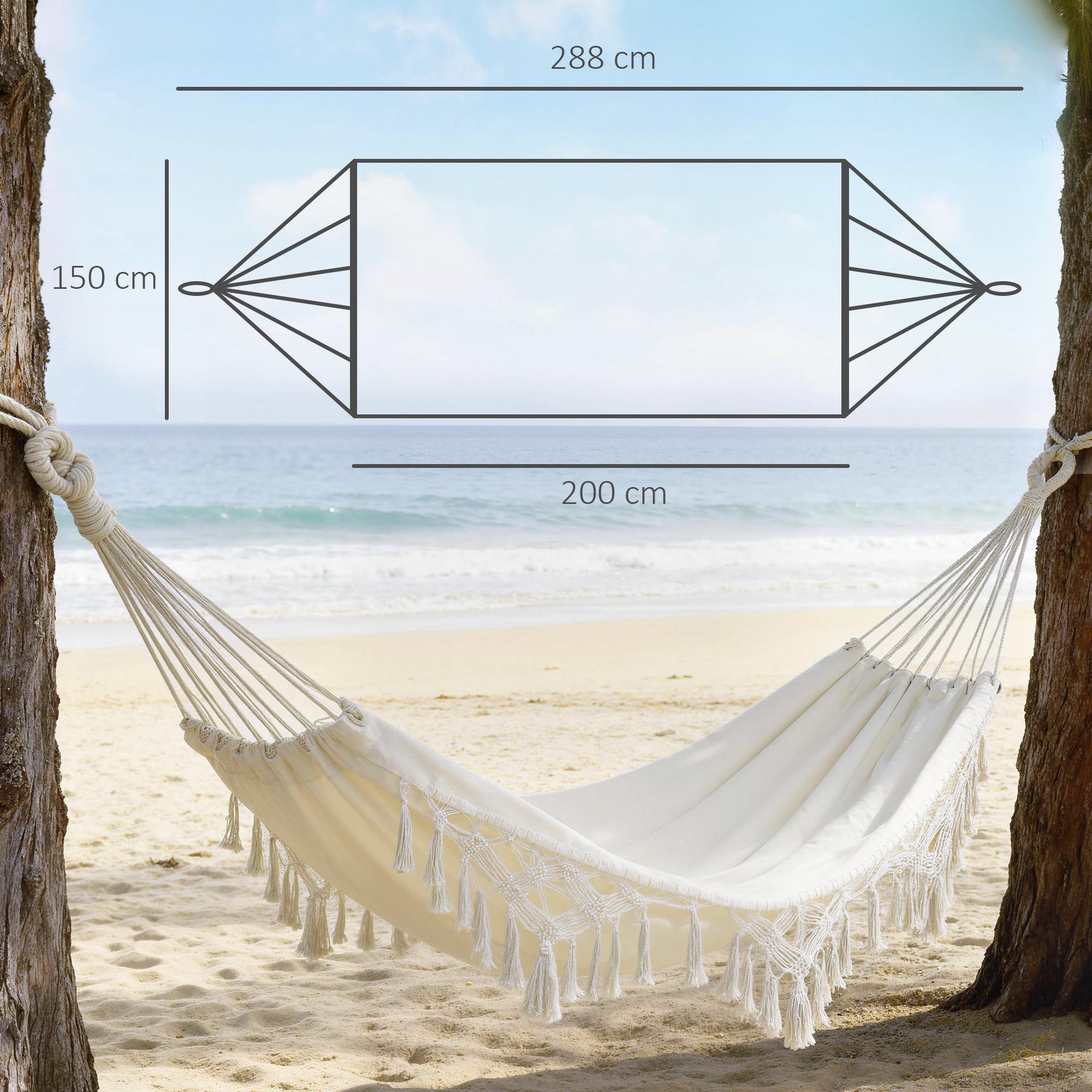 Voir la diapositive 3 : OUTSUNNY Hamac de voyage portable style bohème chic toile de hamac dim. totales 2,88L x 1,5l m coton polyester beige