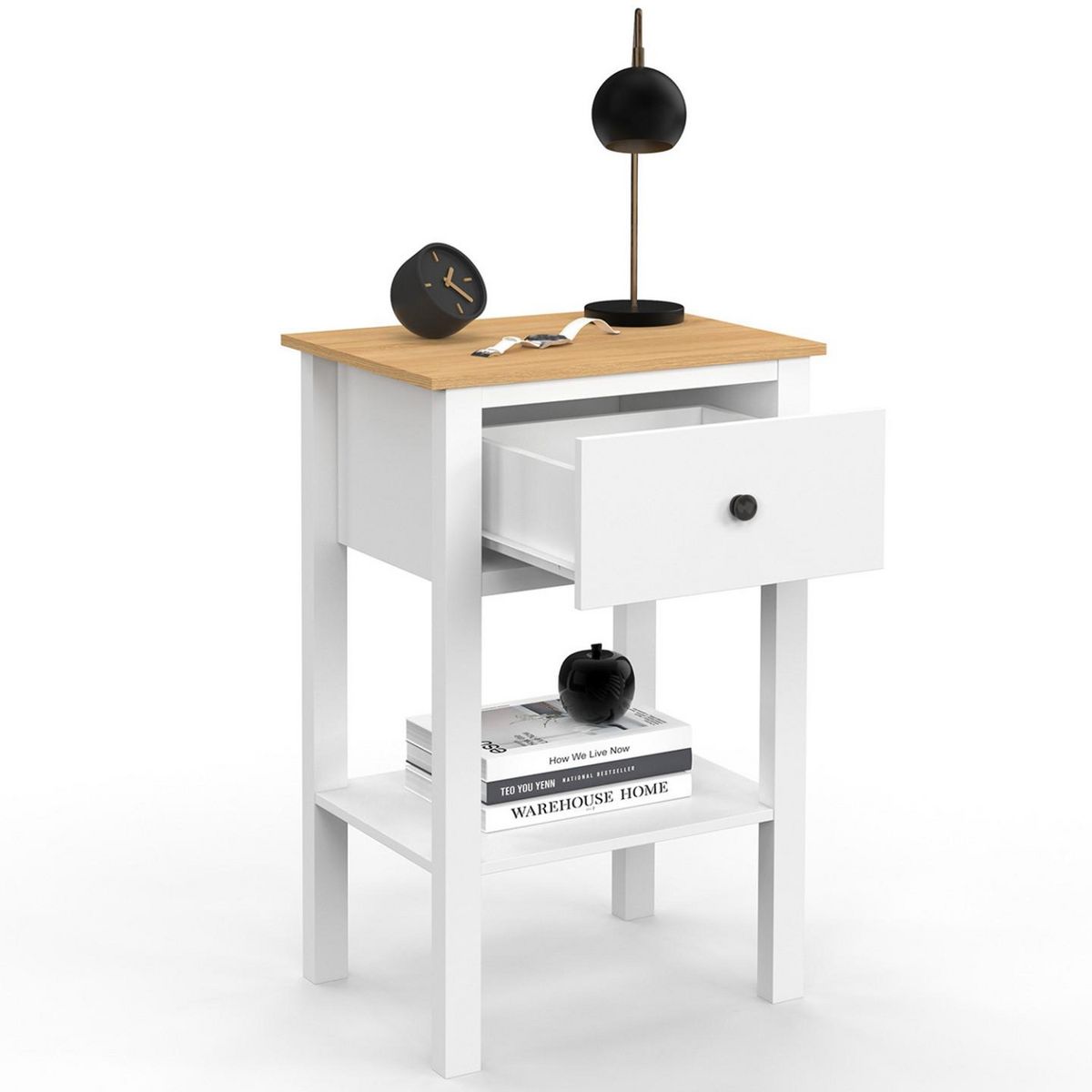 ID MARKET Lot de 2 tables de chevet ACHILLE 1 tiroir et 1 tablette blanc et plateau bois