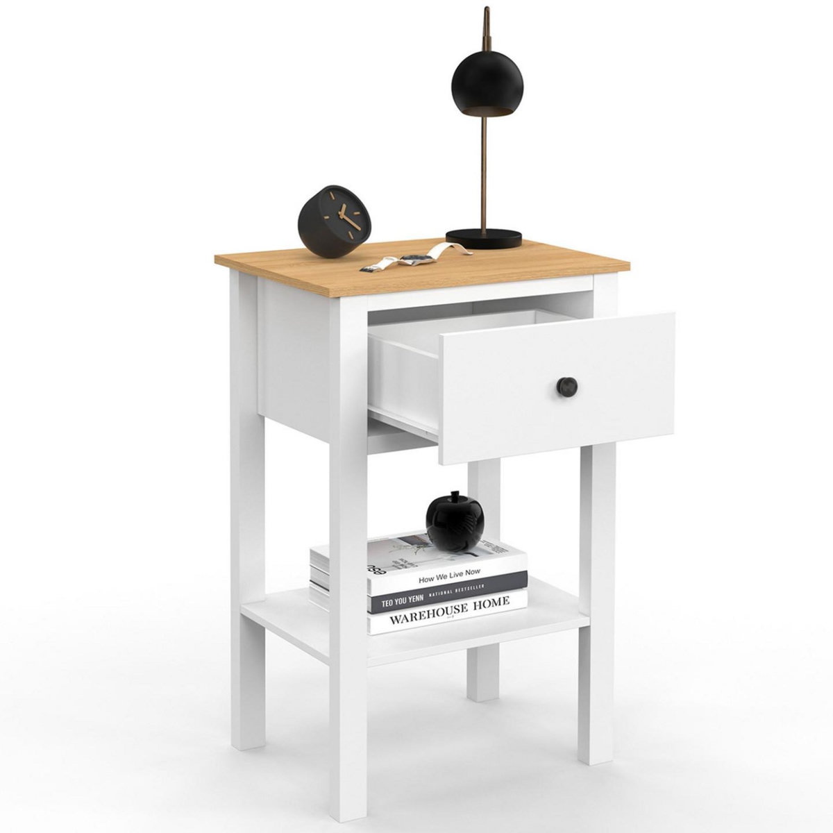 ID MARKET Lot de 2 tables de chevet ACHILLE 1 tiroir et 1 tablette blanc et plateau bois