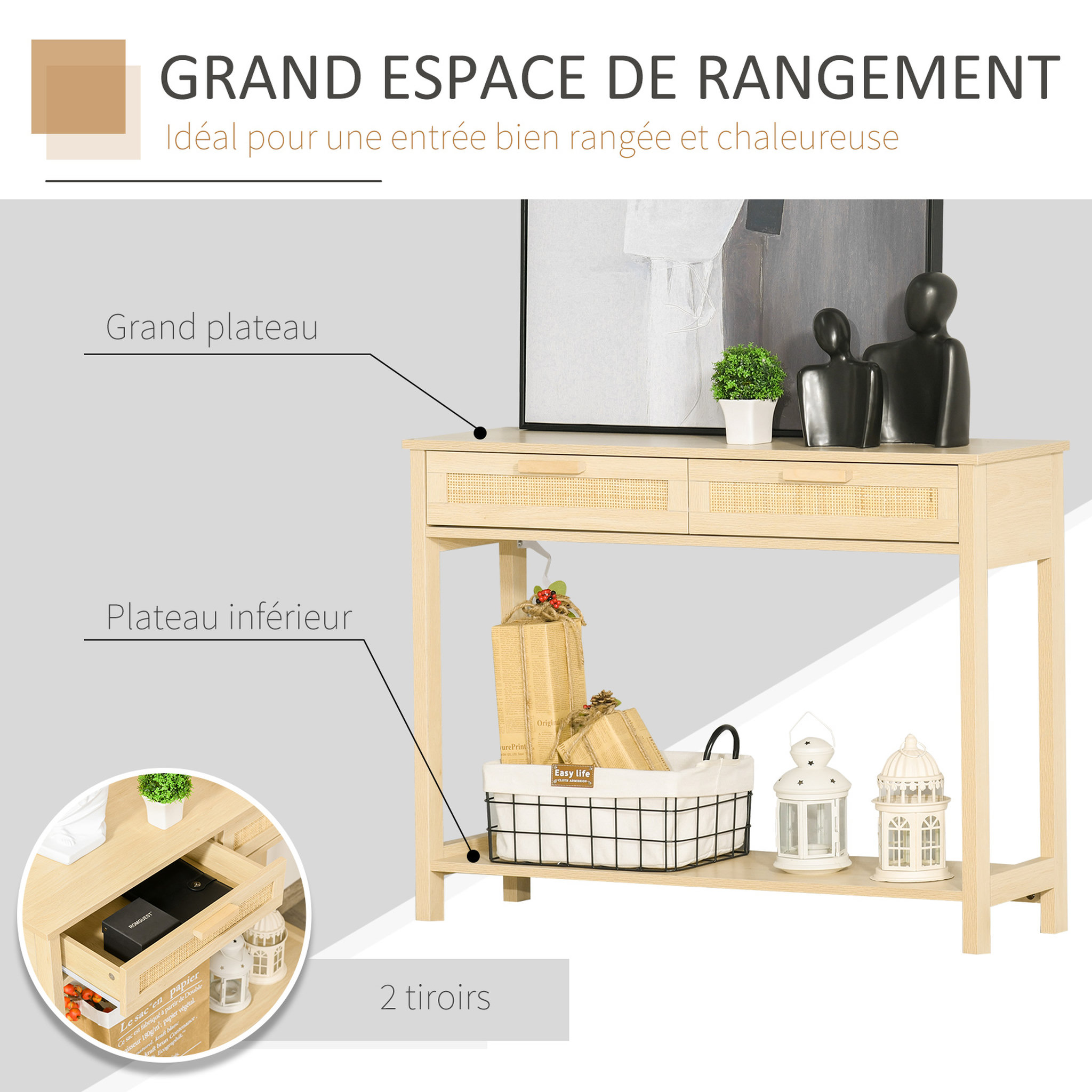 Voir la diapositive 5 : HOMCOM Console table d'appoint dim. 100L x 30l x 76H cm 2 tiroirs façades cannage en rotin étagère MDF aspect bois clair