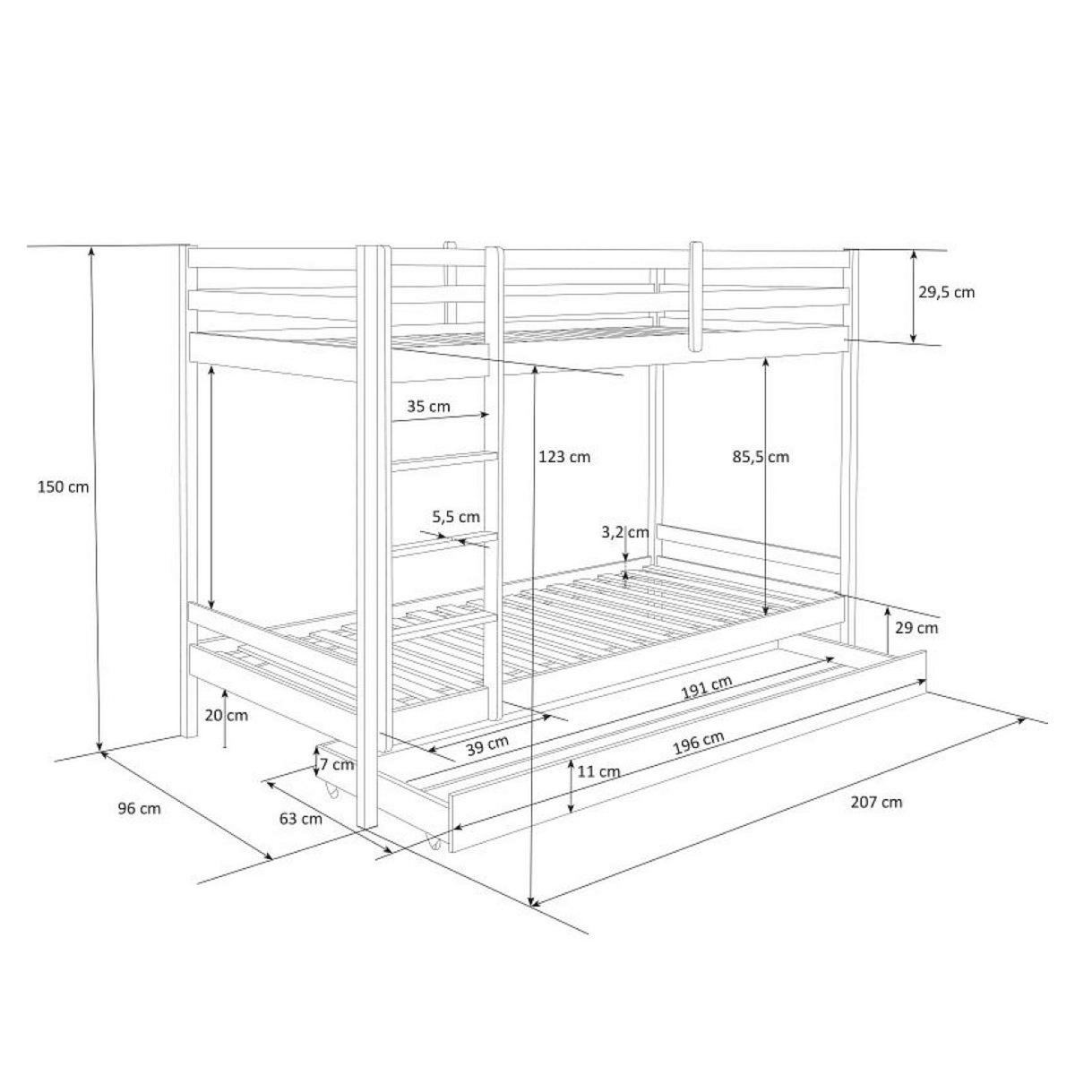 HomeStyle4U Lit blanc superposé avec matelas et tiroir 90x200