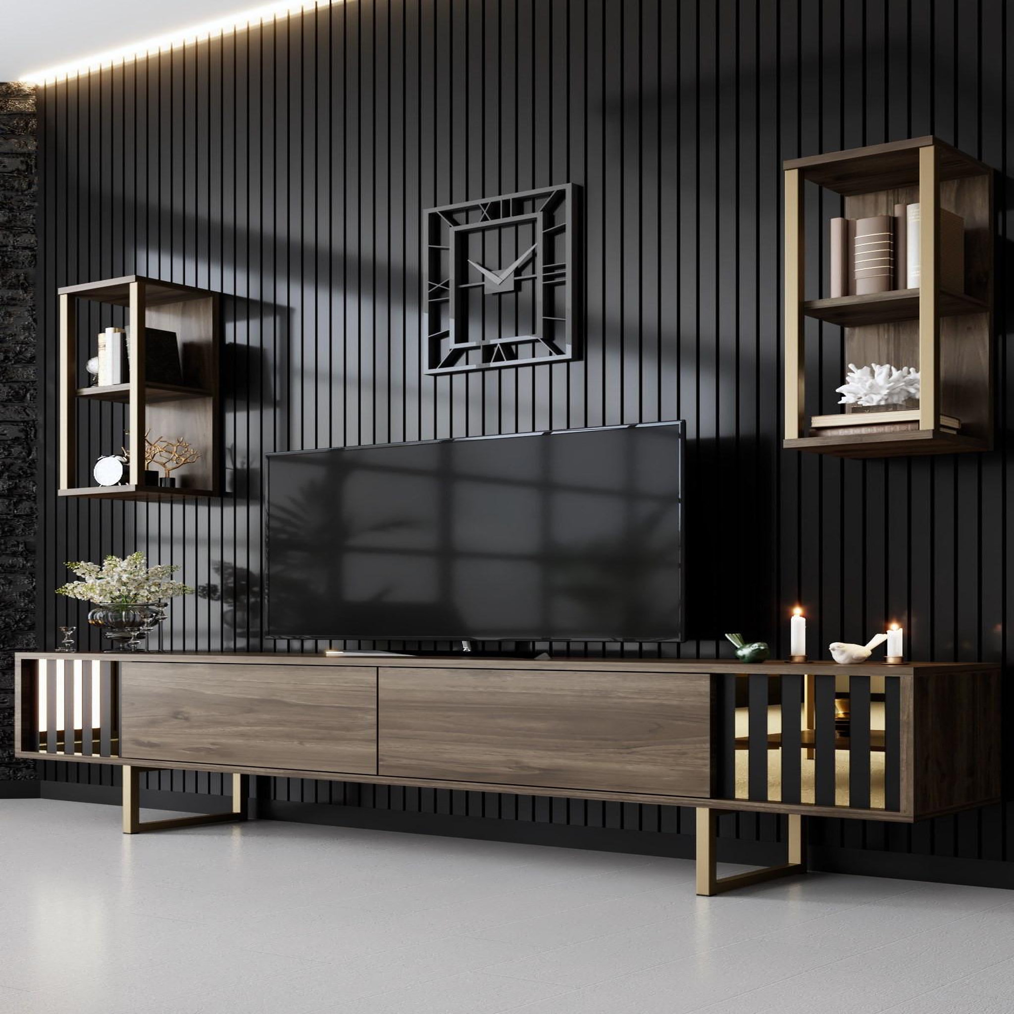 Voir la diapositive 2 : Habitat et Jardin Meuble tv en bois  gold line  - 180 x 30 x 48 cm - noyernoir